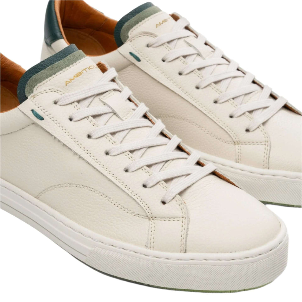Ambitious Anopolis leather trainers in Stone and Bottle, heel and sole view