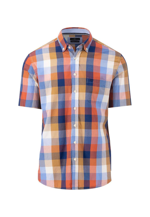 Fynch-Hatton checked short-sleeve cotton shirt in Orient Red – front view