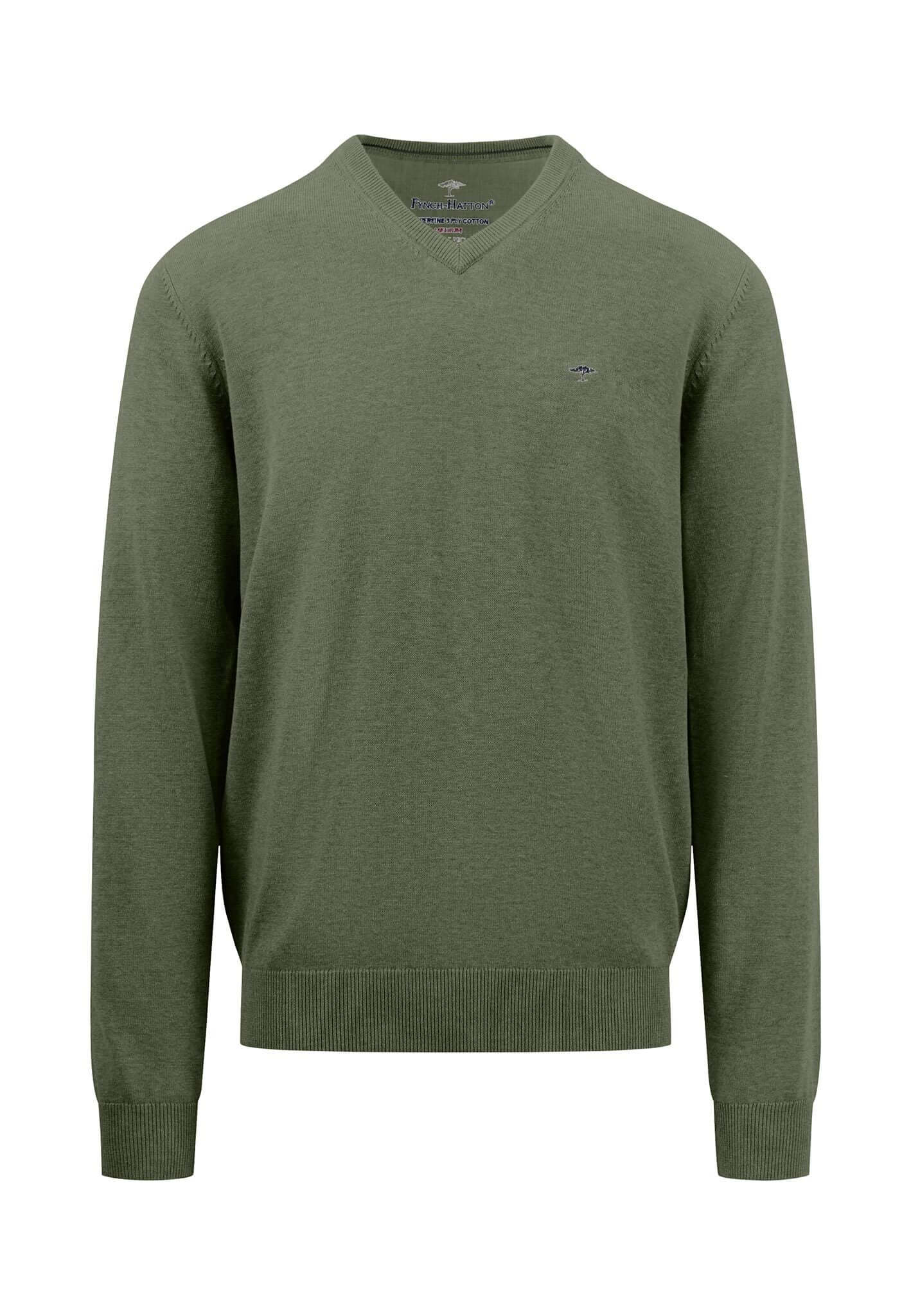 Fynch Hatton - V Neck Cotton Pullover - Colour: Dusty Olive