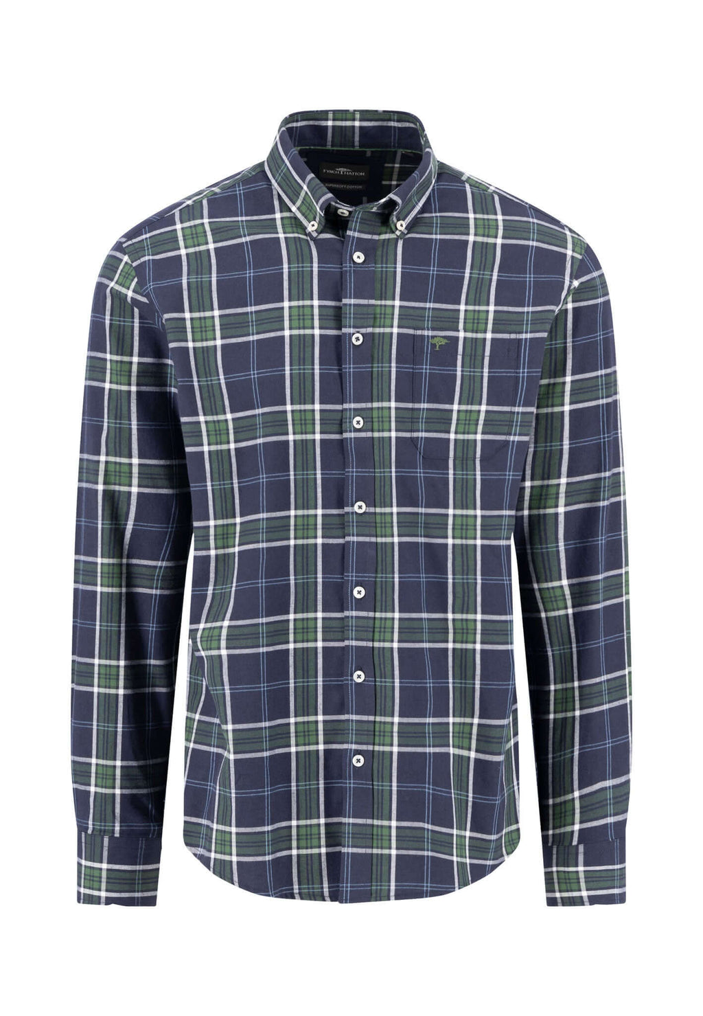Fynch-Hatton Twill Check Button-Down Shirt in navy and green, front view