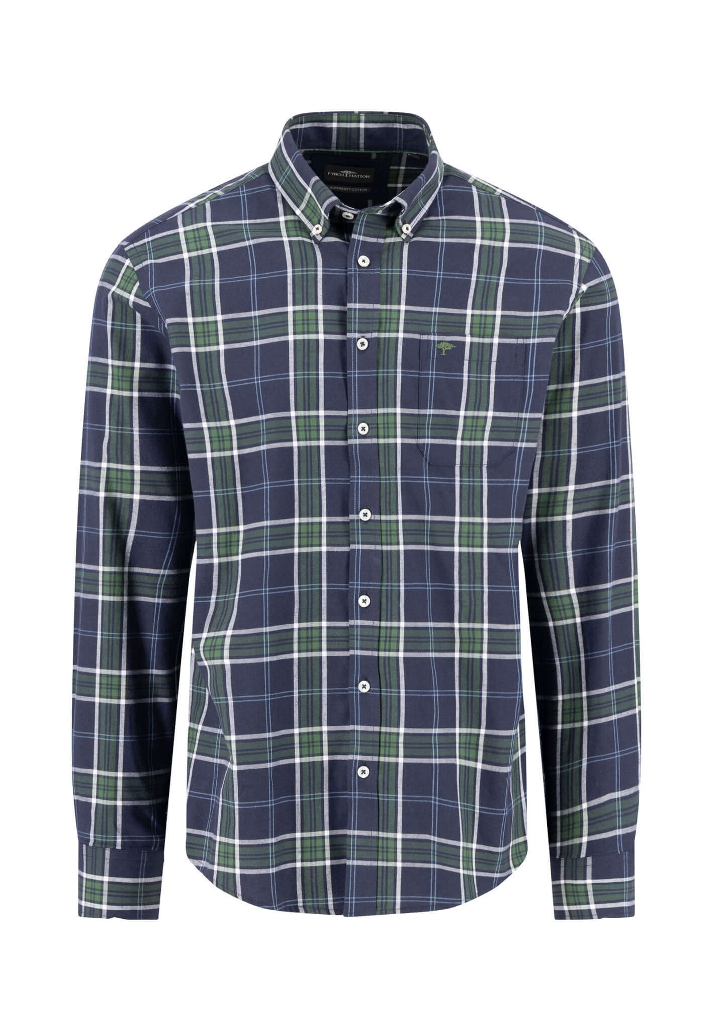 Fynch-Hatton Twill Check Button-Down Shirt in navy and green, front view