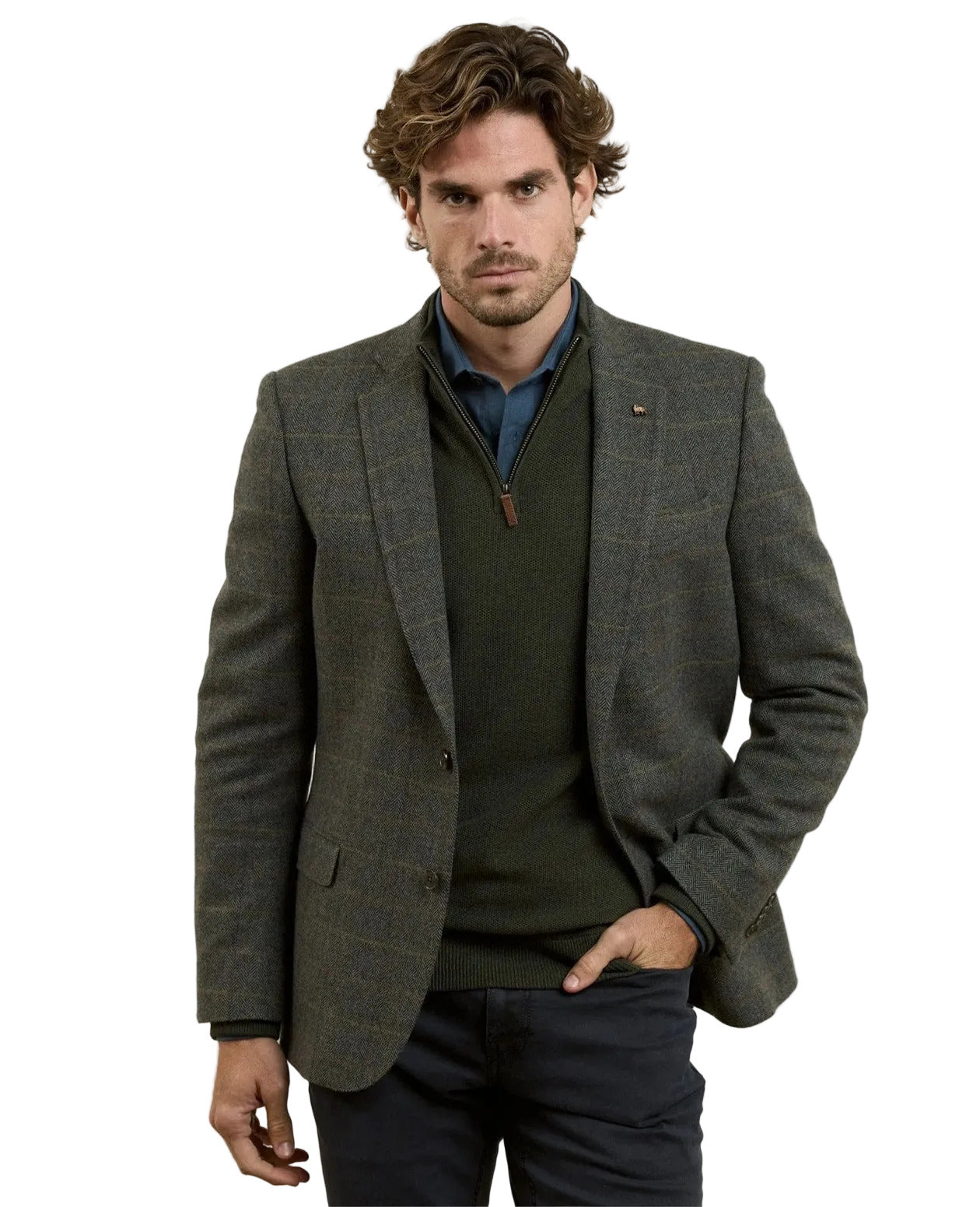 Magee Ennis Blazer in Moss Green & Brown Windowpane – front view