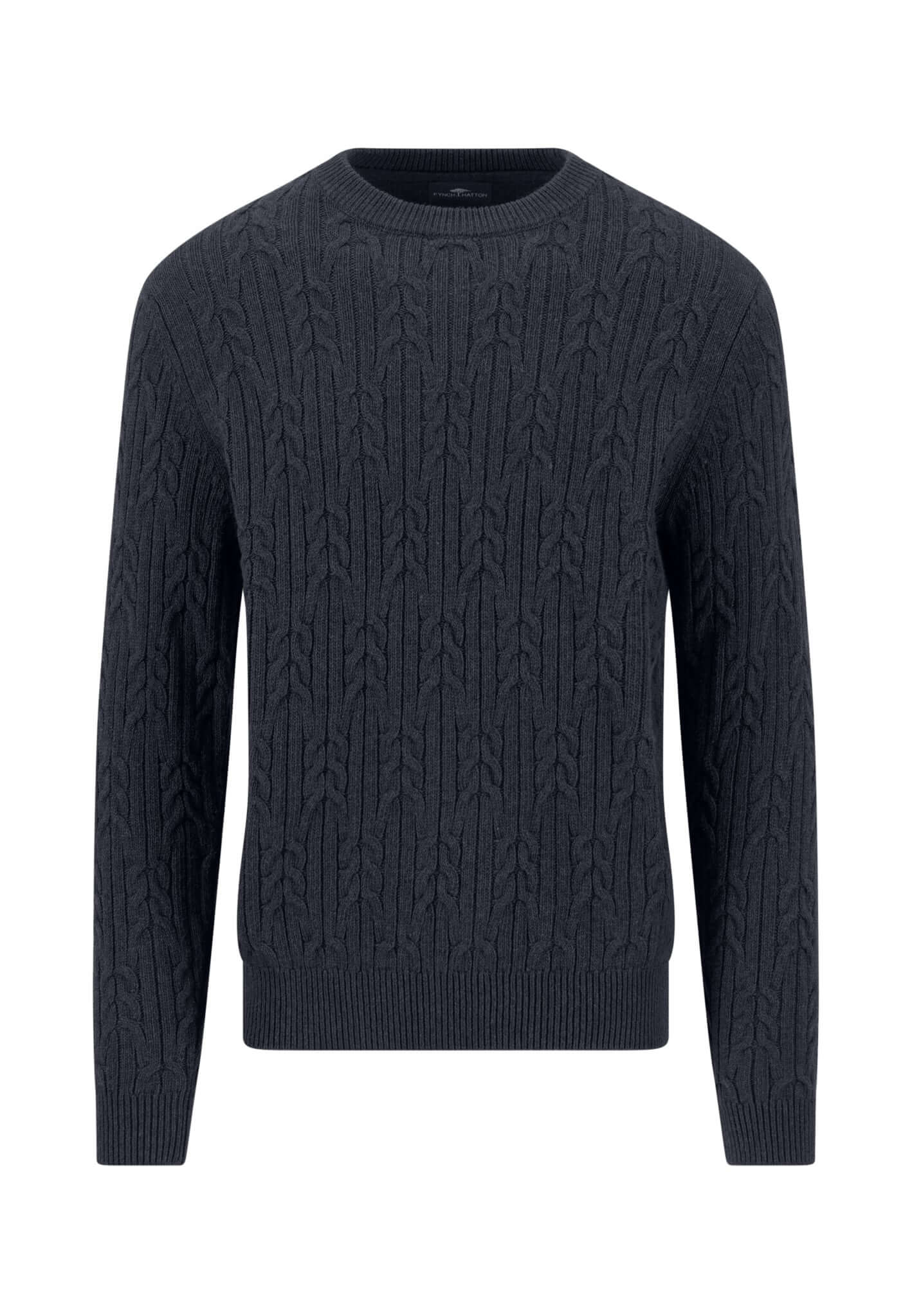 Fynch-Hatton Soft Knit Cable Crew Neck Jumper in Navy - front view
