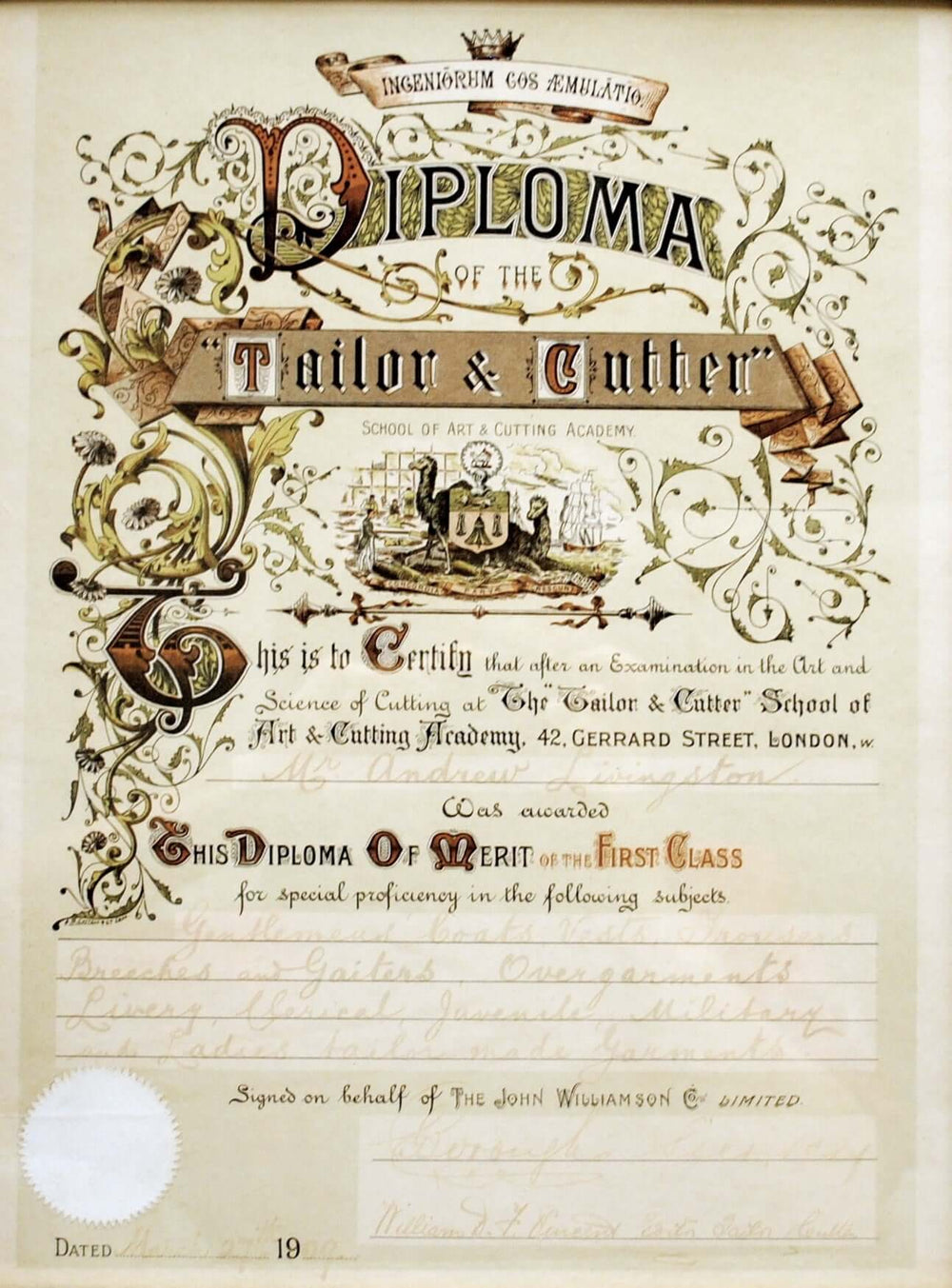Andrew’s diploma from the academy is dated 27th of March 1909 and hangs in our shop today.