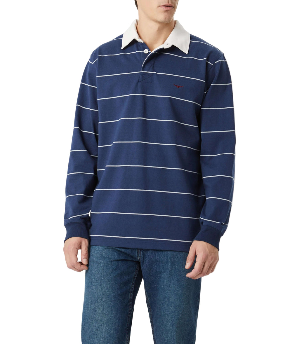 R.M.Williams Albany striped rugby sweatshirt in Vintage Blue Stripe