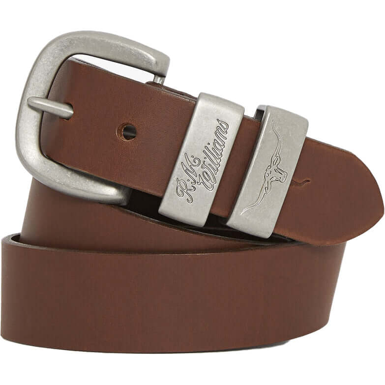 R M Williams - 1 1/2" Leather Jeans Belt | Brushed Chrome Buckle - Colour: Dark Tan