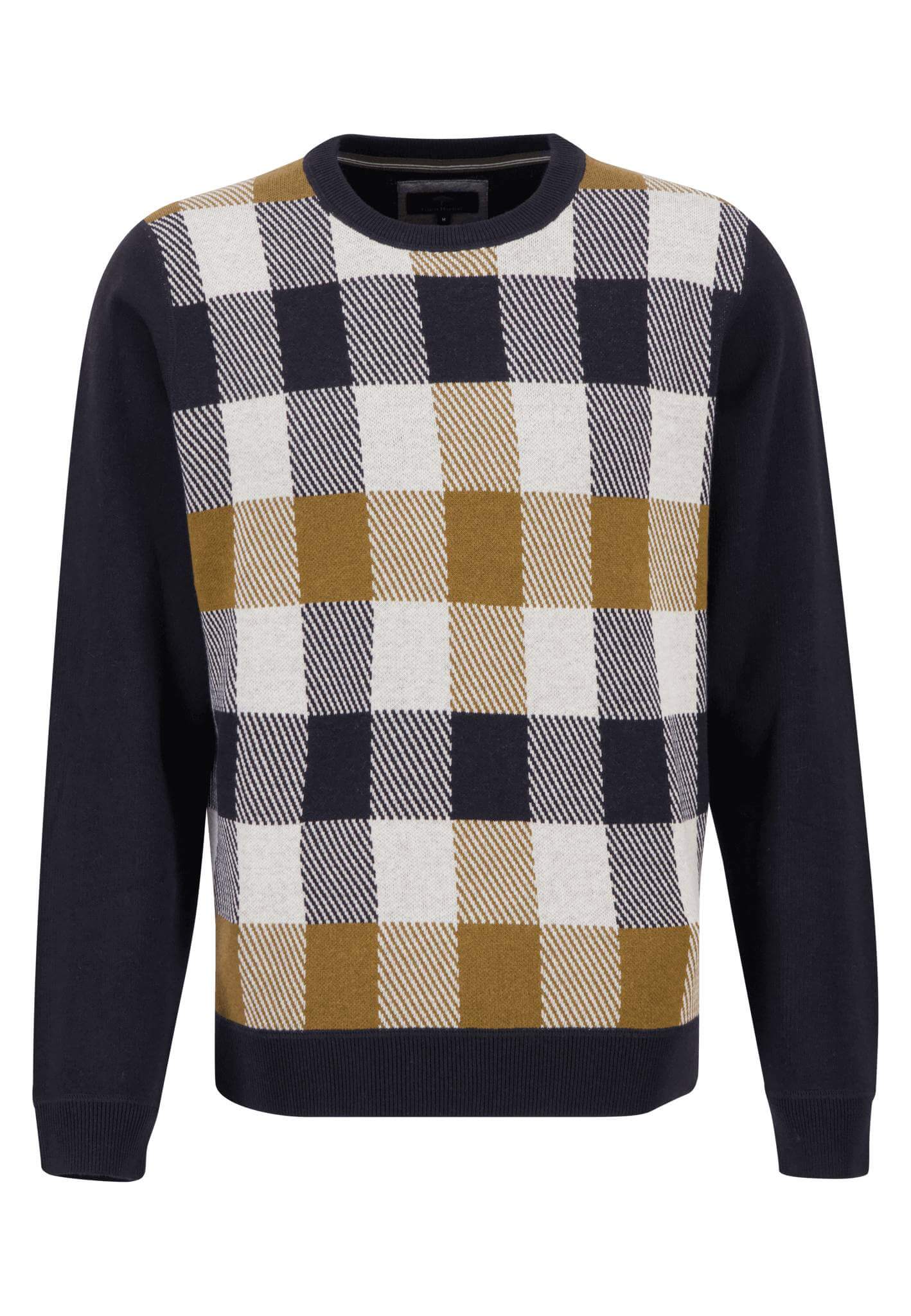 Fynch Hatton - Crew Neck Cotton / Wool Pullover - Colour: Navy/Camel Check