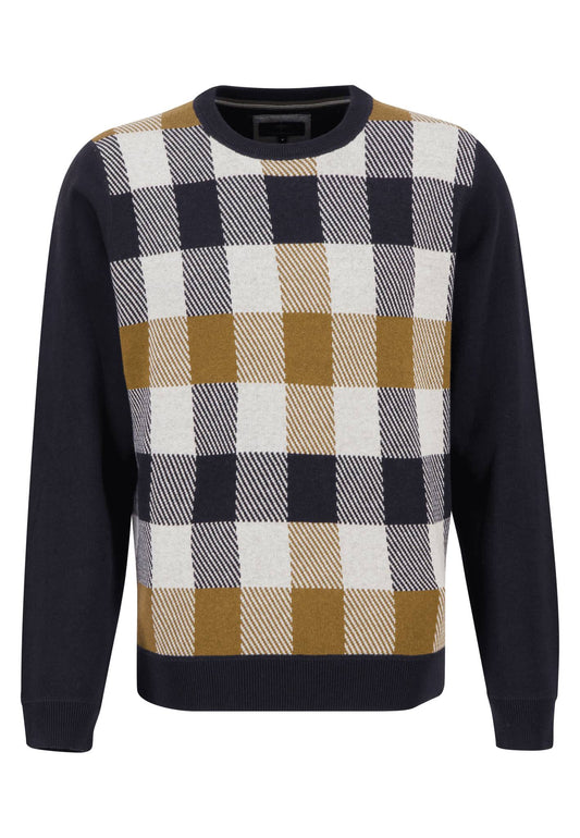 Fynch Hatton - Crew Neck Cotton / Wool Pullover - Colour: Navy/Camel Check