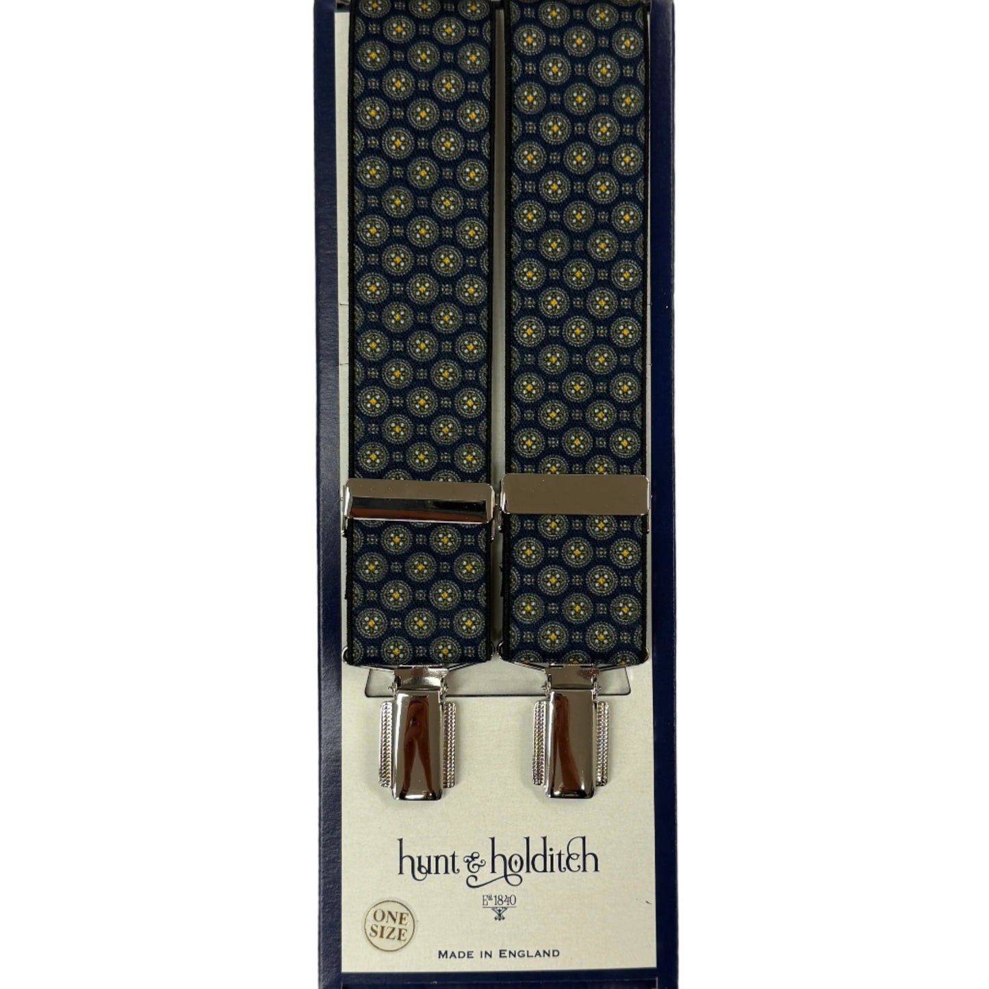 Hunt & Holditch - Fancy Clip Braces - Paisley Spot - Colour: Navy/Gold