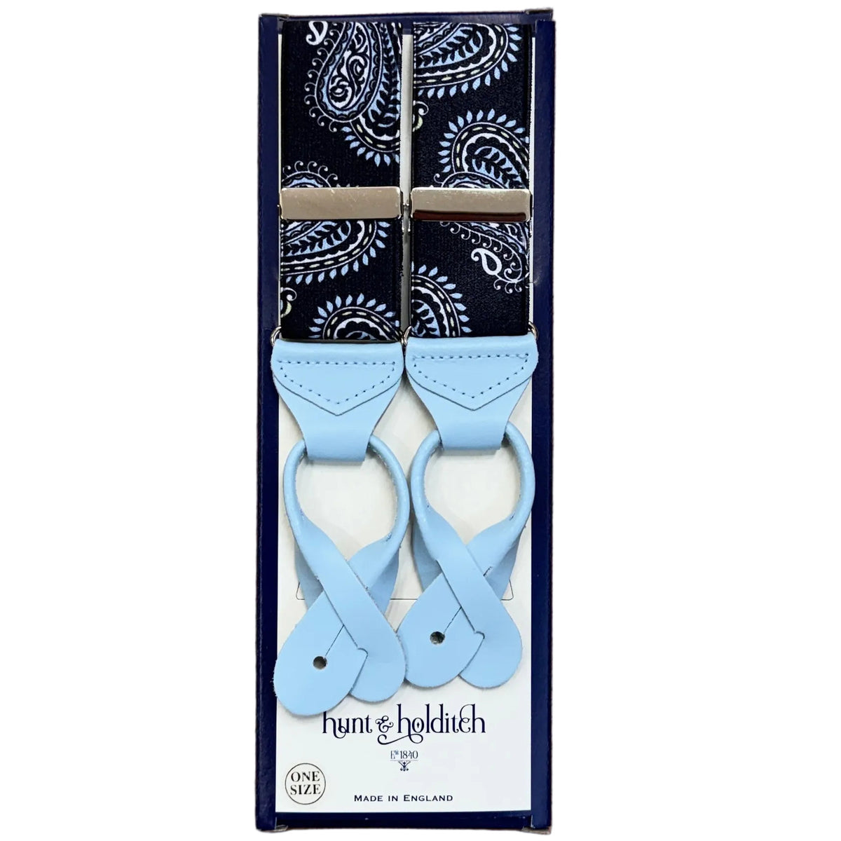Hunt & Holditch large paisley clip braces in navy and pale blue