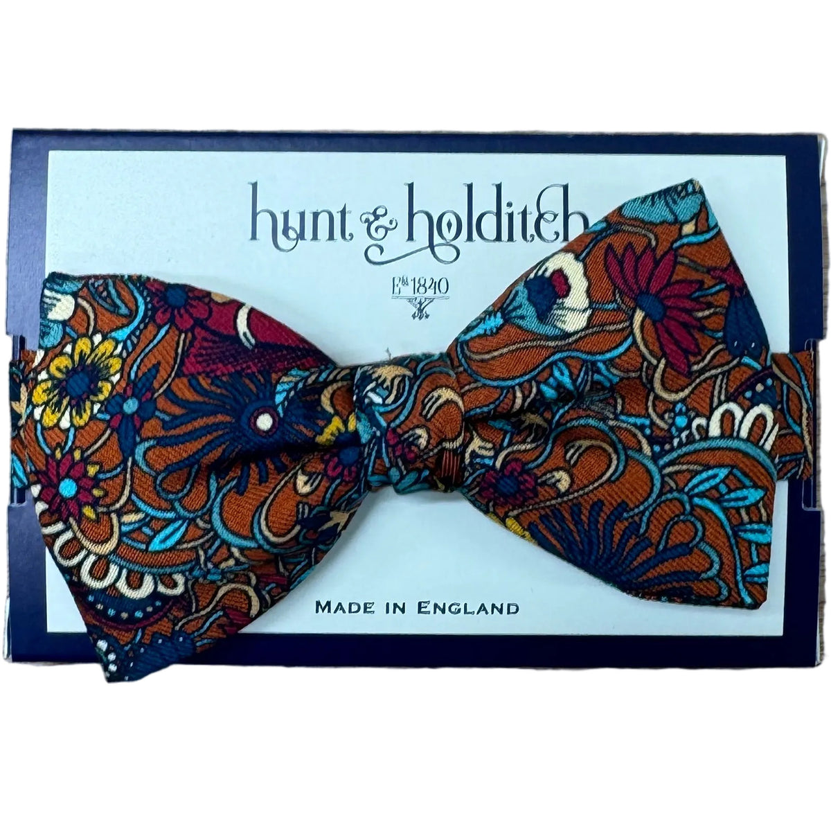 Hunt & Holditch floral silk bow tie with multicolour print on bronze