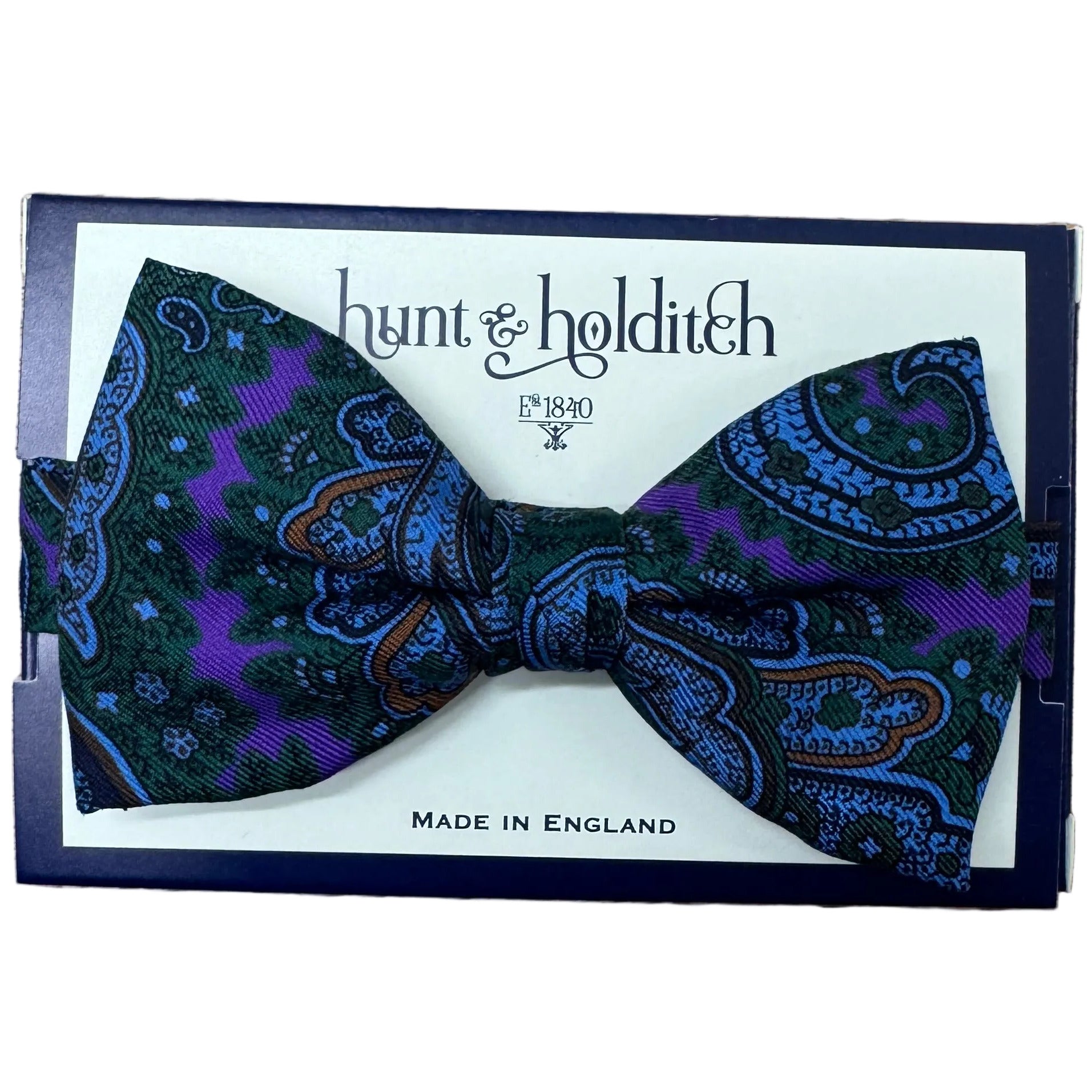 Hunt & Holditch Legs silk bow tie in green, purple and blue