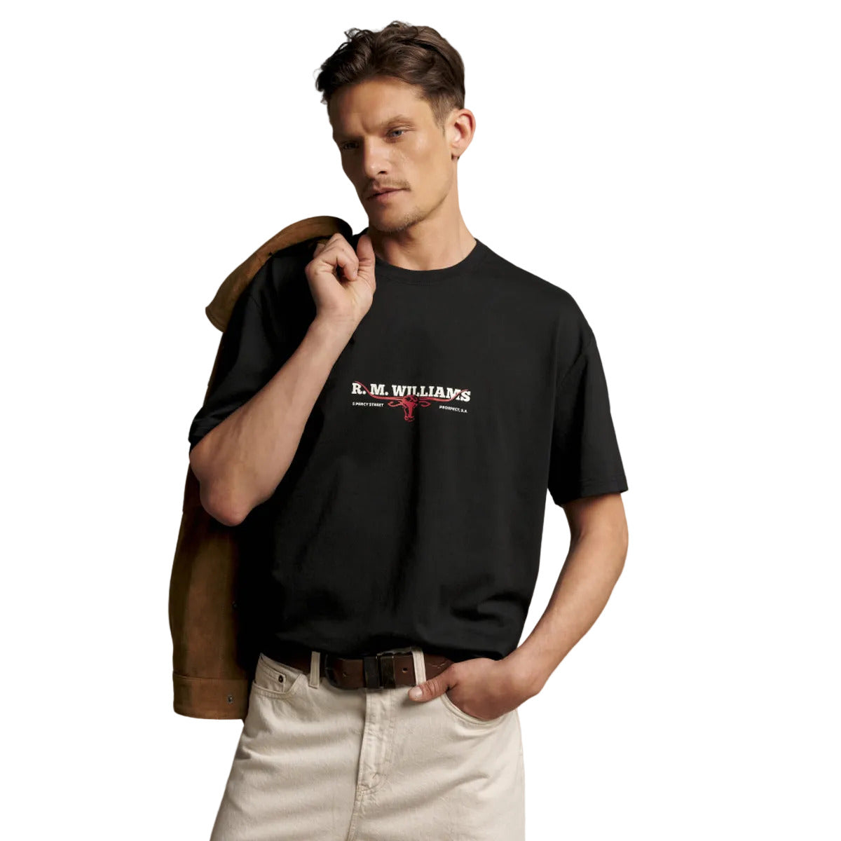 R.M.Williams Holt T-Shirt in Black on white background, view 3