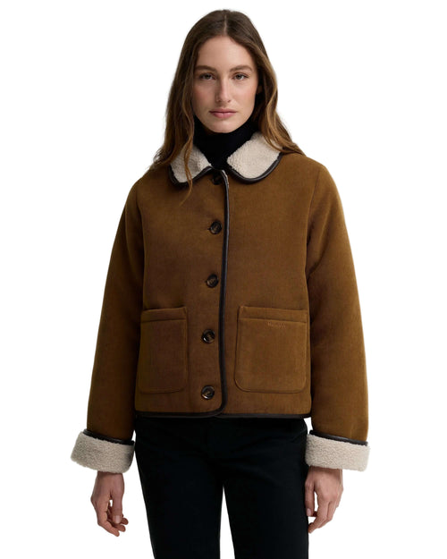 Barbour Penny Fleece Cord Jacket in Tan/Ecru fabric close-up