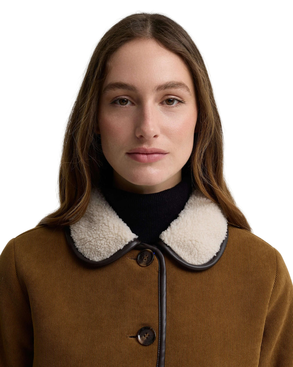 Barbour Penny Fleece Cord Jacket in Tan/Ecru worn view