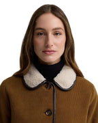 Barbour Penny Fleece Cord Jacket in Tan/Ecru worn view