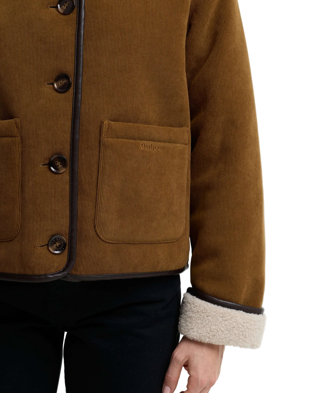 Barbour Penny Fleece Cord Jacket in Tan/Ecru back view