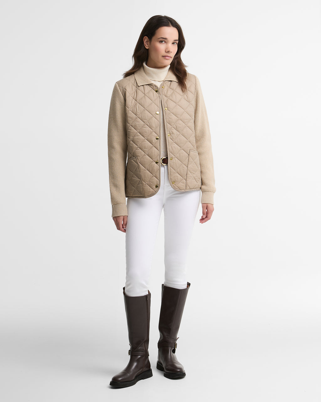 Barbour Allendale Knitted Cardigan in Warm Trench – front detail