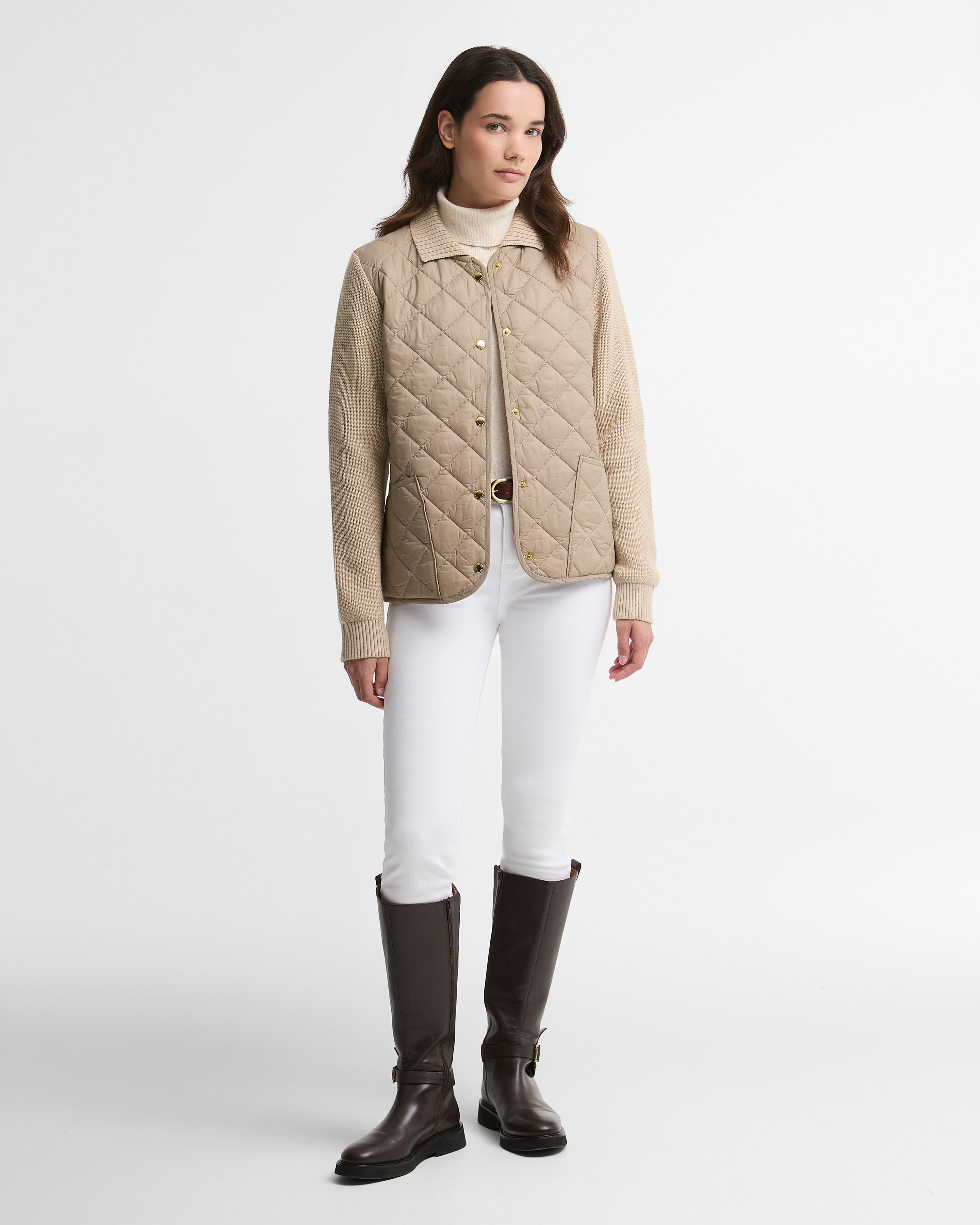 Barbour Allendale Knitted Cardigan in Warm Trench – front detail