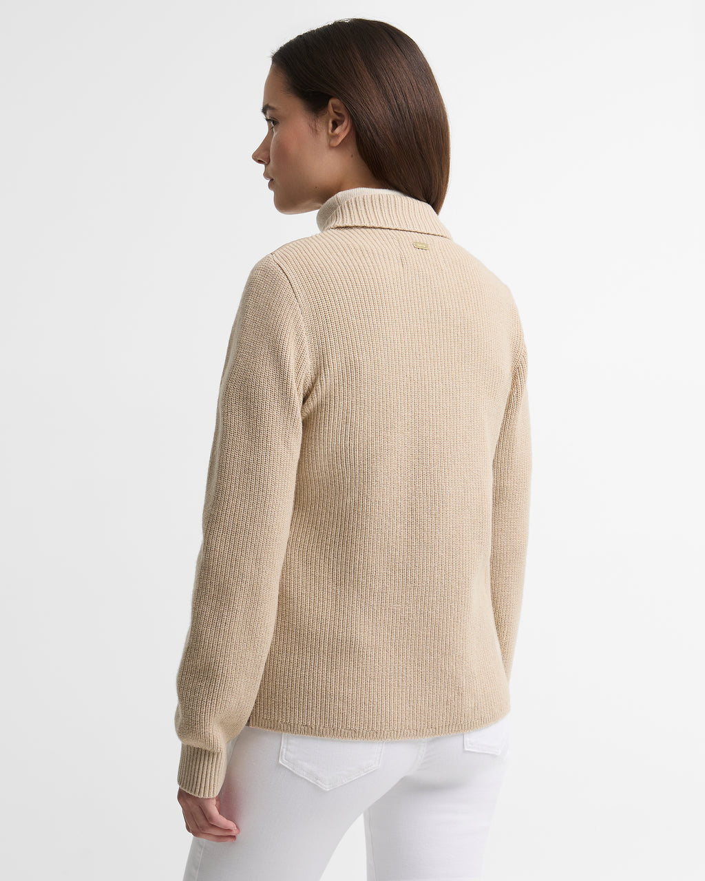 Barbour Allendale Knitted Cardigan in Warm Trench – styled view