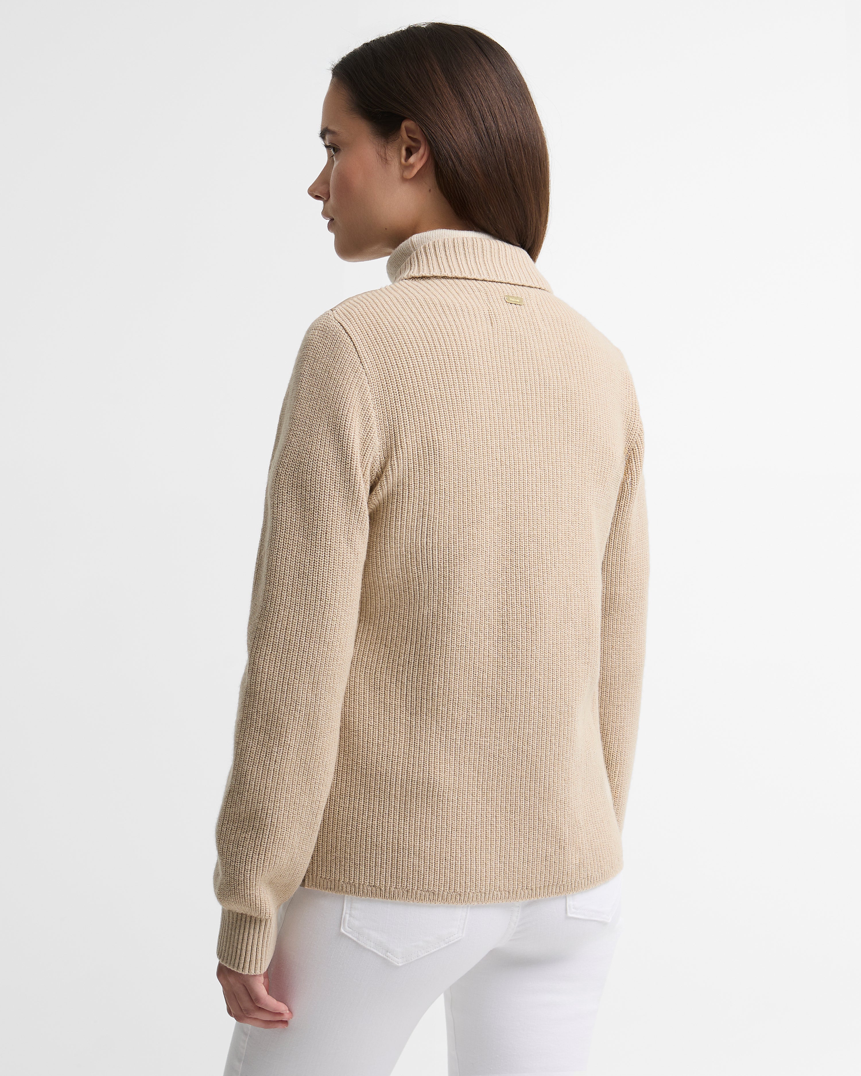Barbour Allendale Knitted Cardigan in Warm Trench – styled view