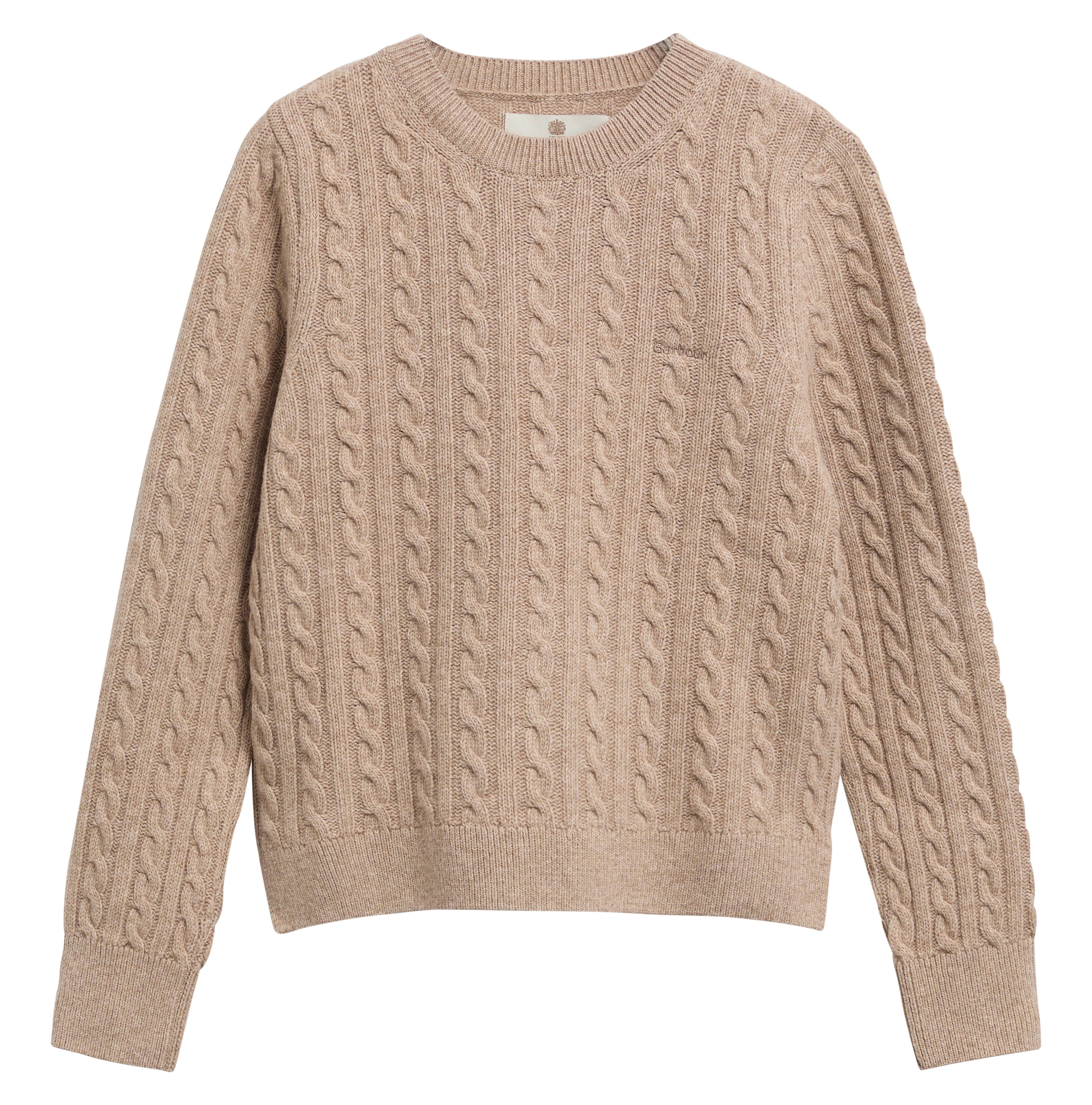 Barbour Ashdown Cable Knitted Jumper in Pink Blush – styled view