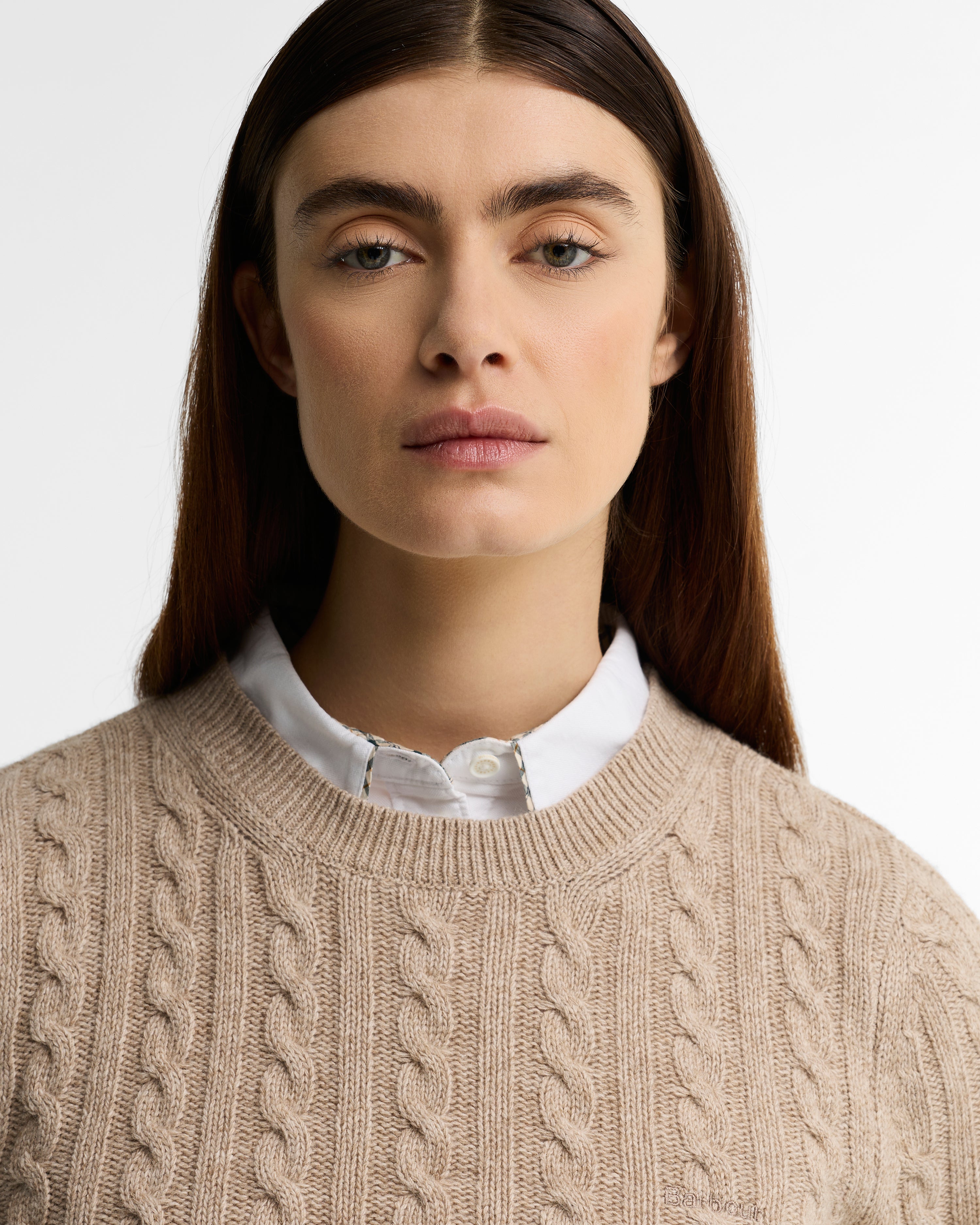 Barbour Ashdown Cable Knitted Jumper in Honey – styled view