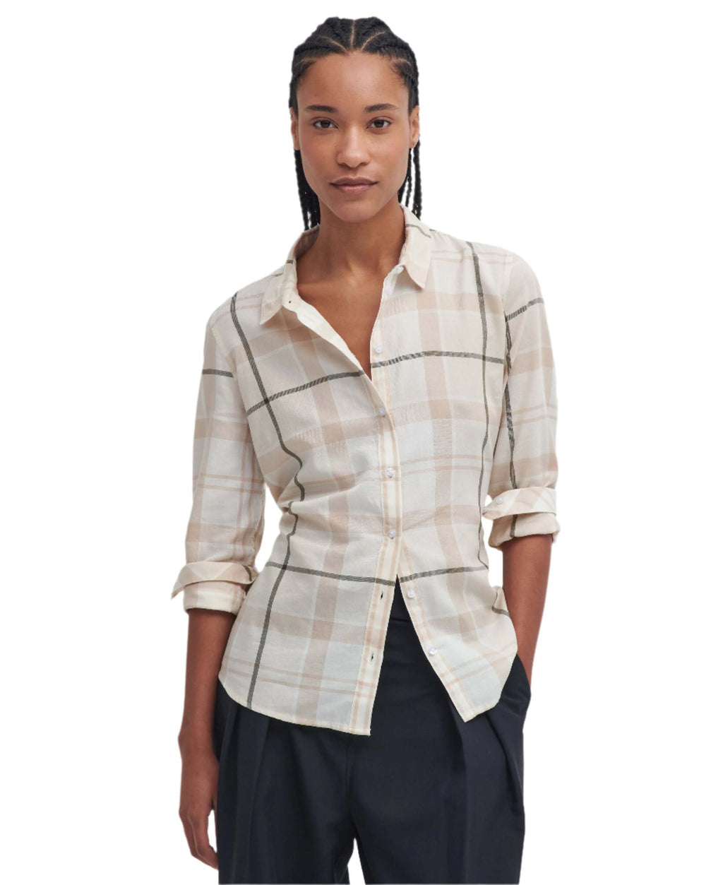 Barbour Bredon Check Shirt in Winter White and Loden, front view