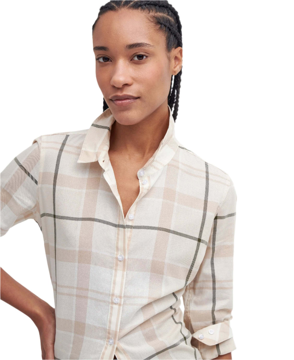 Barbour Bredon Check Shirt in Winter White and Loden, collar detail