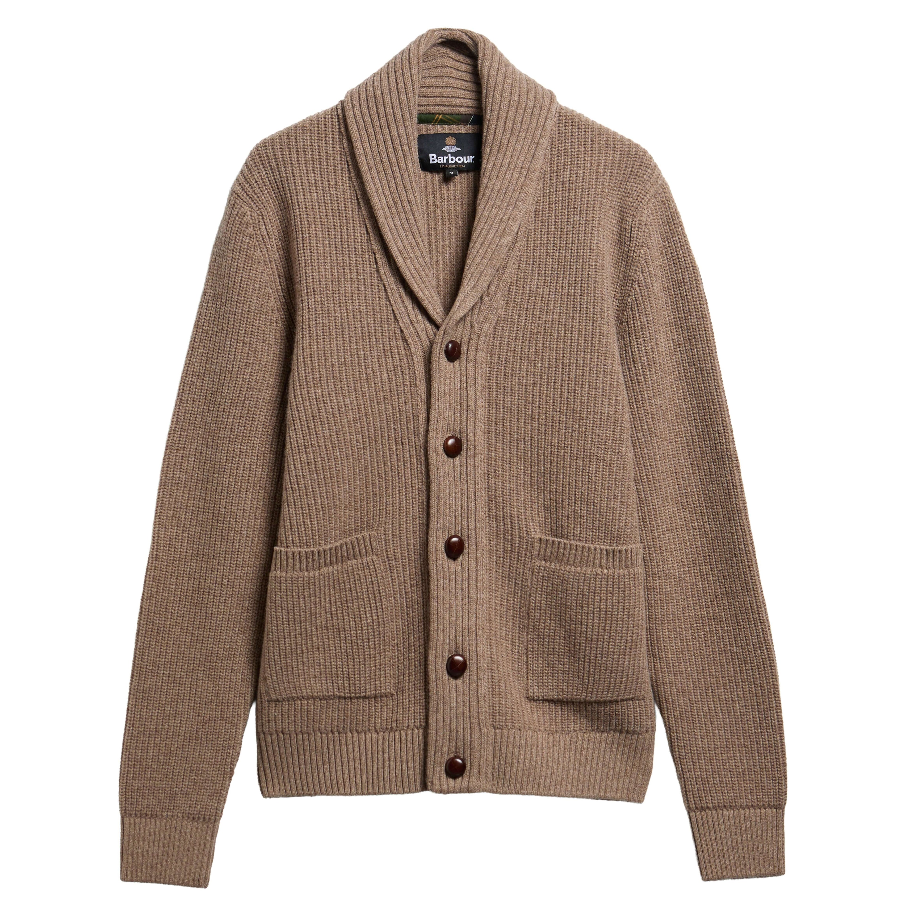Hartland Knitted Shawl Neck Cardigan in Stone – front view