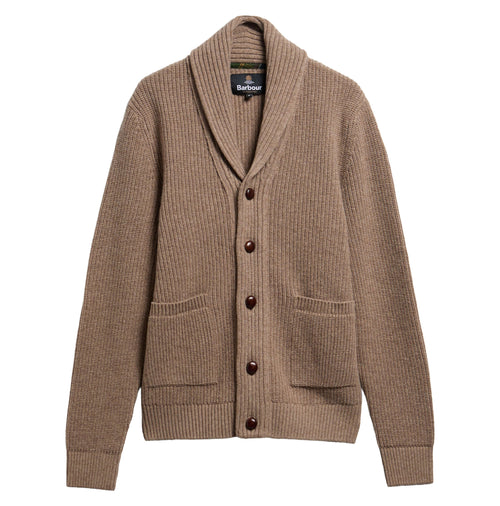 Hartland Knitted Shawl Neck Cardigan in Stone – front view