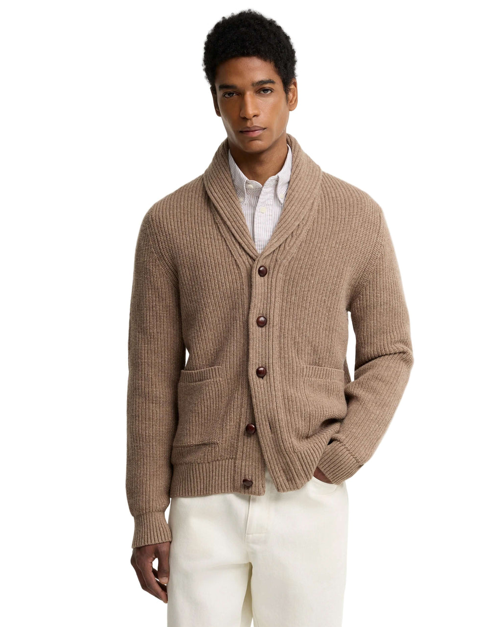 Hartland Knitted Shawl Neck Cardigan in Stone – lifestyle view