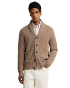 Hartland Knitted Shawl Neck Cardigan in Stone – lifestyle view