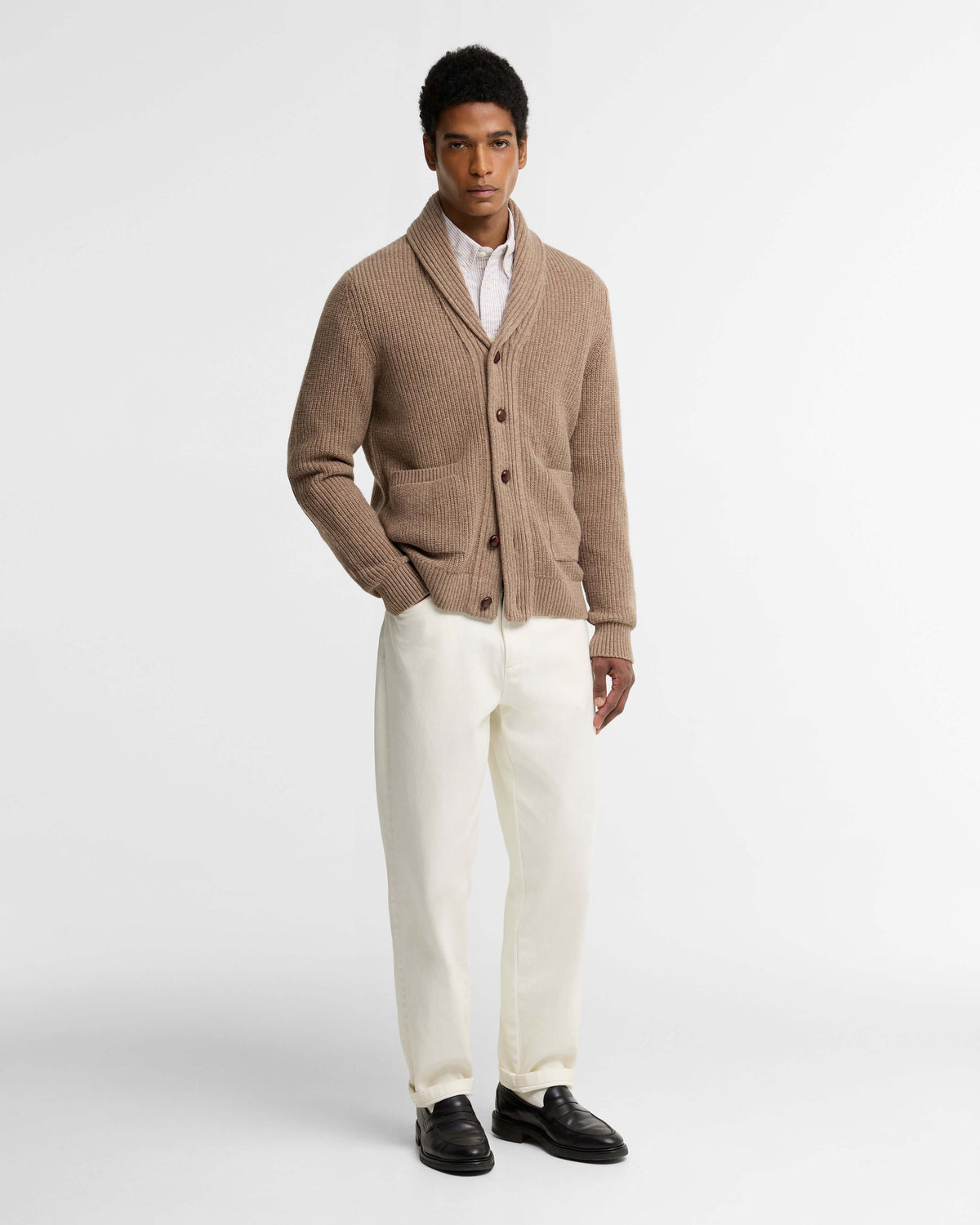 Hartland Knitted Shawl Neck Cardigan in Stone – side view