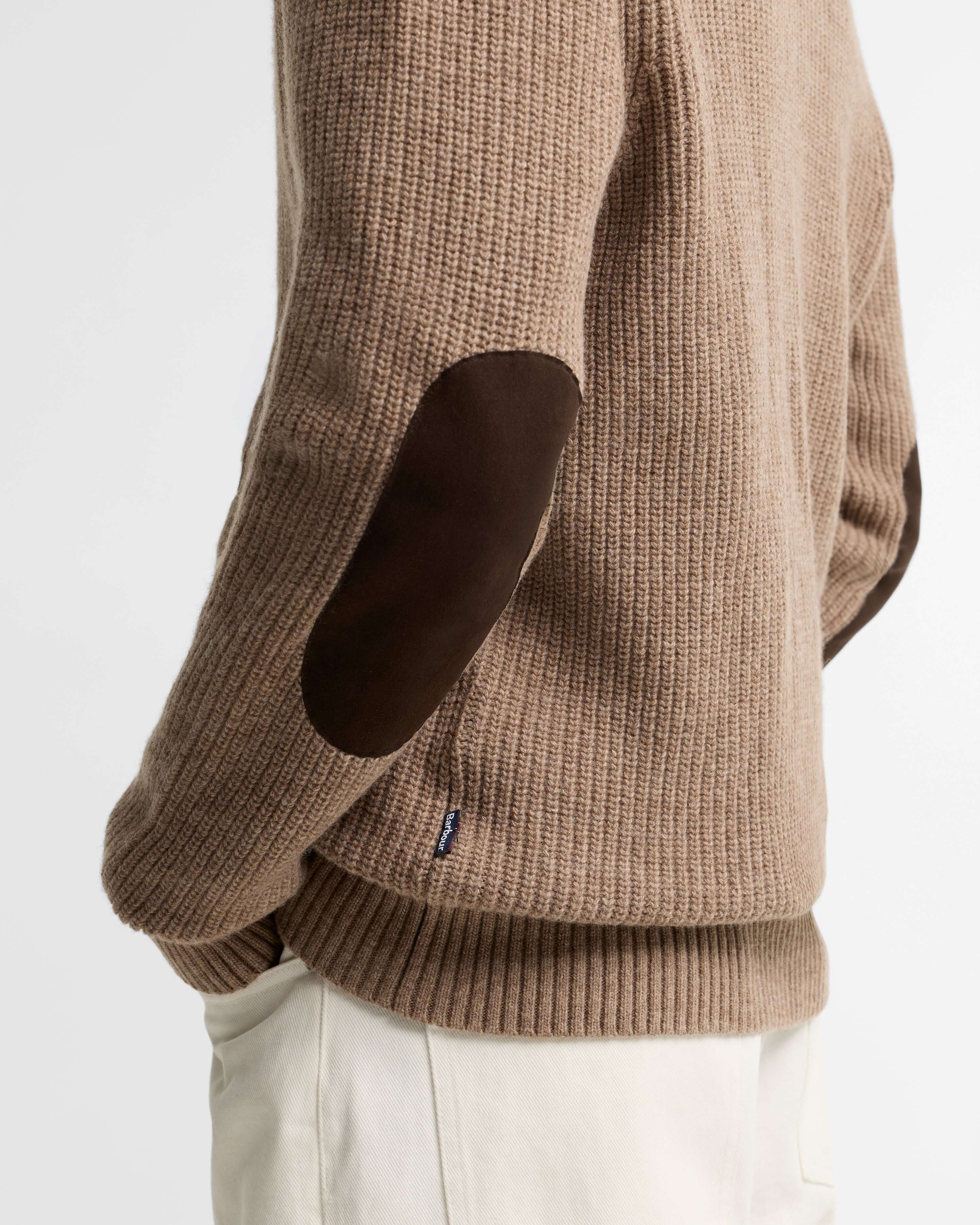 Hartland Knitted Shawl Neck Cardigan in Stone – worn view