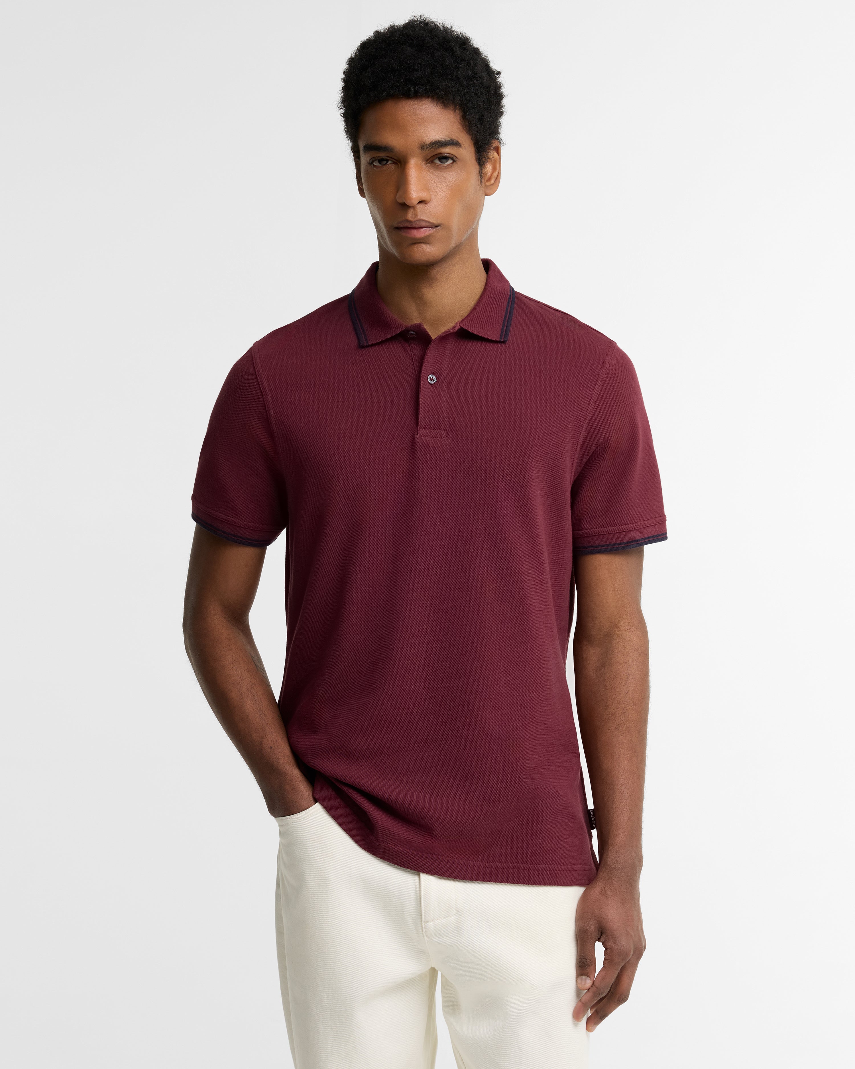 Barbour Lunan Tartan Trimmed Tailored Polo Shirt in Dark Bordeaux – back view