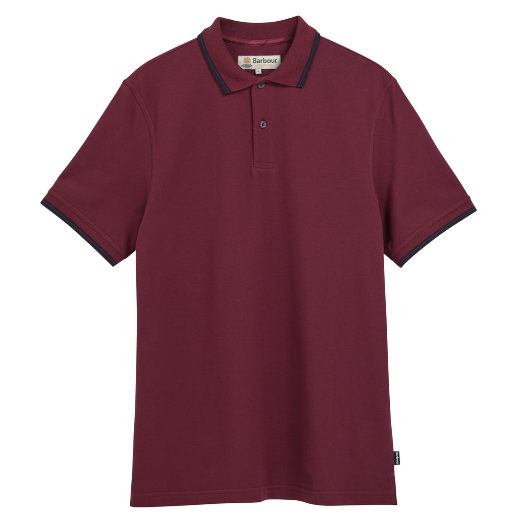 Barbour Lunan Tartan Trimmed Tailored Polo Shirt in Dark Bordeaux – styled view