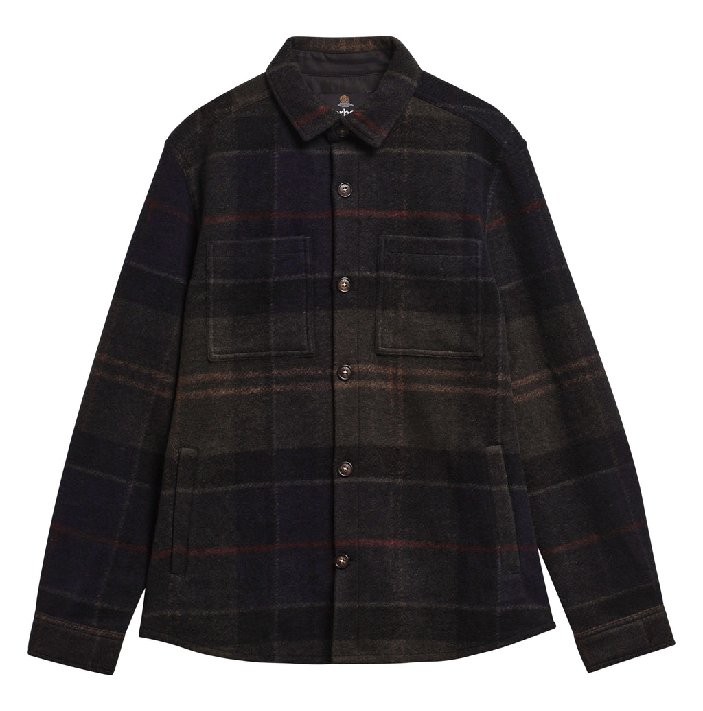 Barbour Woodlane Brushed Check Overshirt in Shadow Classic Tartan – styled view