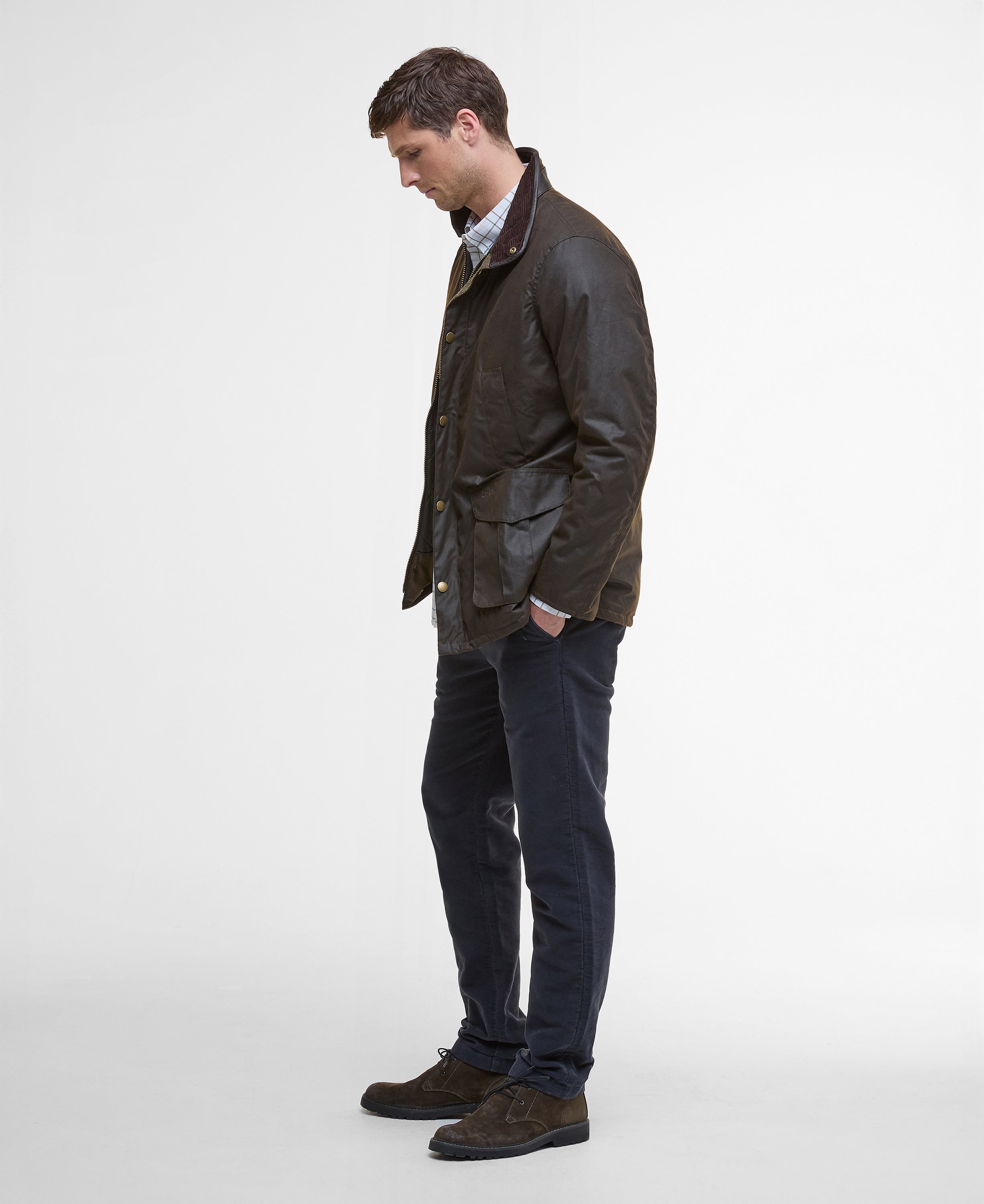 Barbour Hereford Wax Jacket in Olive – styled view