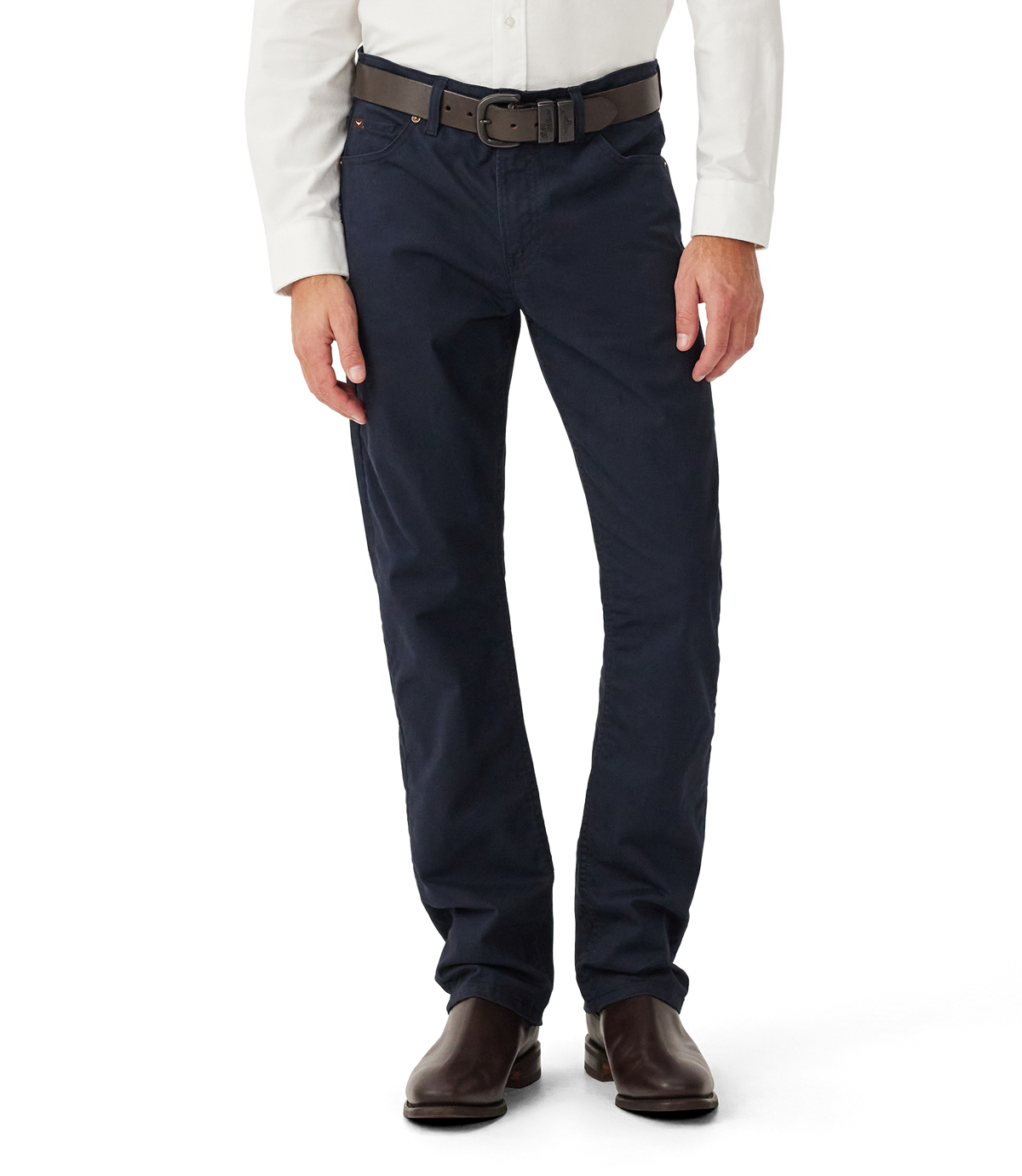 R.M.Williams Ramco 5 Pocket stretch twill in Navy – front view worn by model