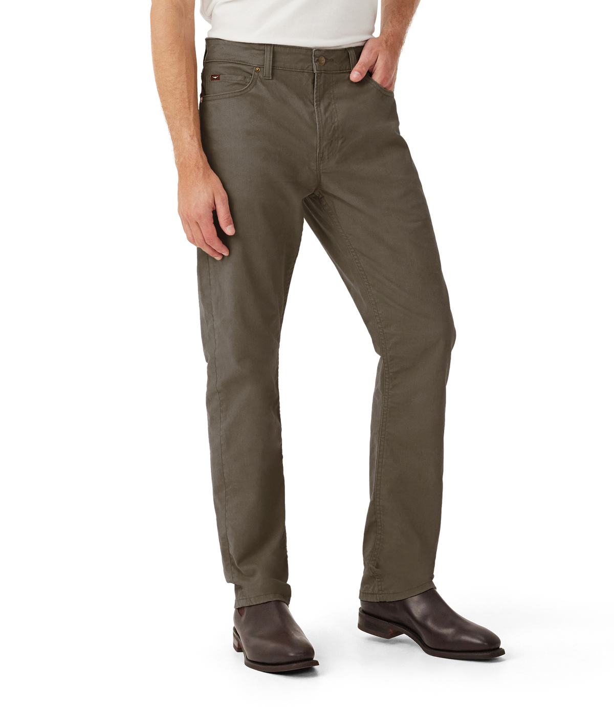 R.M.Williams Ramco 5 Pocket stretch twill in Silt – front view worn by model