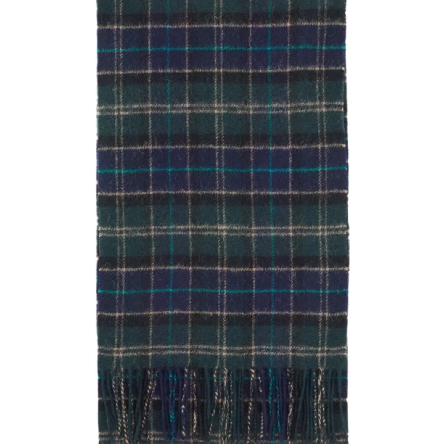 Barbour Green Loch Tartan lambswool scarf, weave and fringe detail