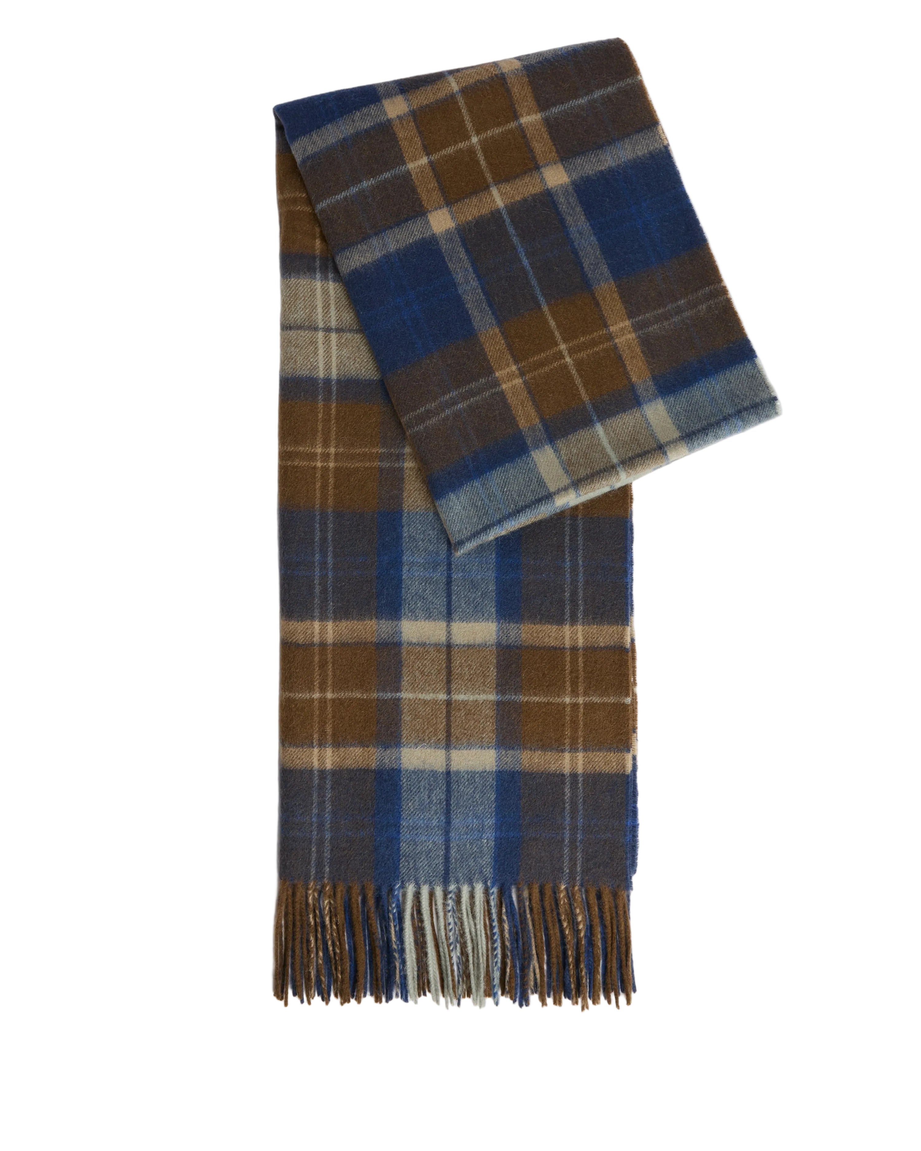 Patchwork Tartan Scarf in Navy and Sandstone – lifestyle view