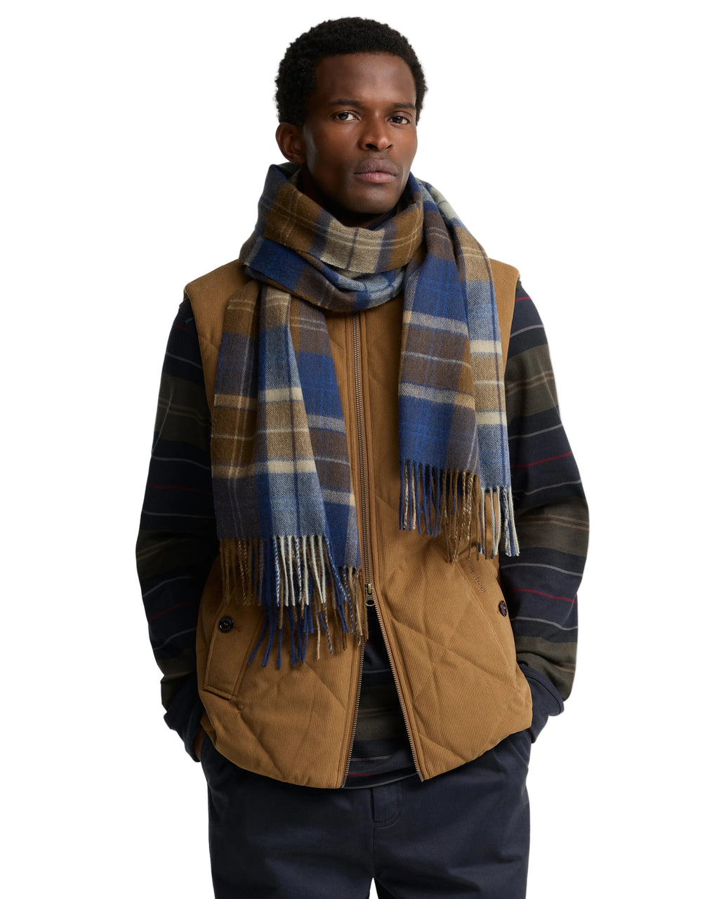 Patchwork Tartan Scarf in Navy and Sandstone – product view 1