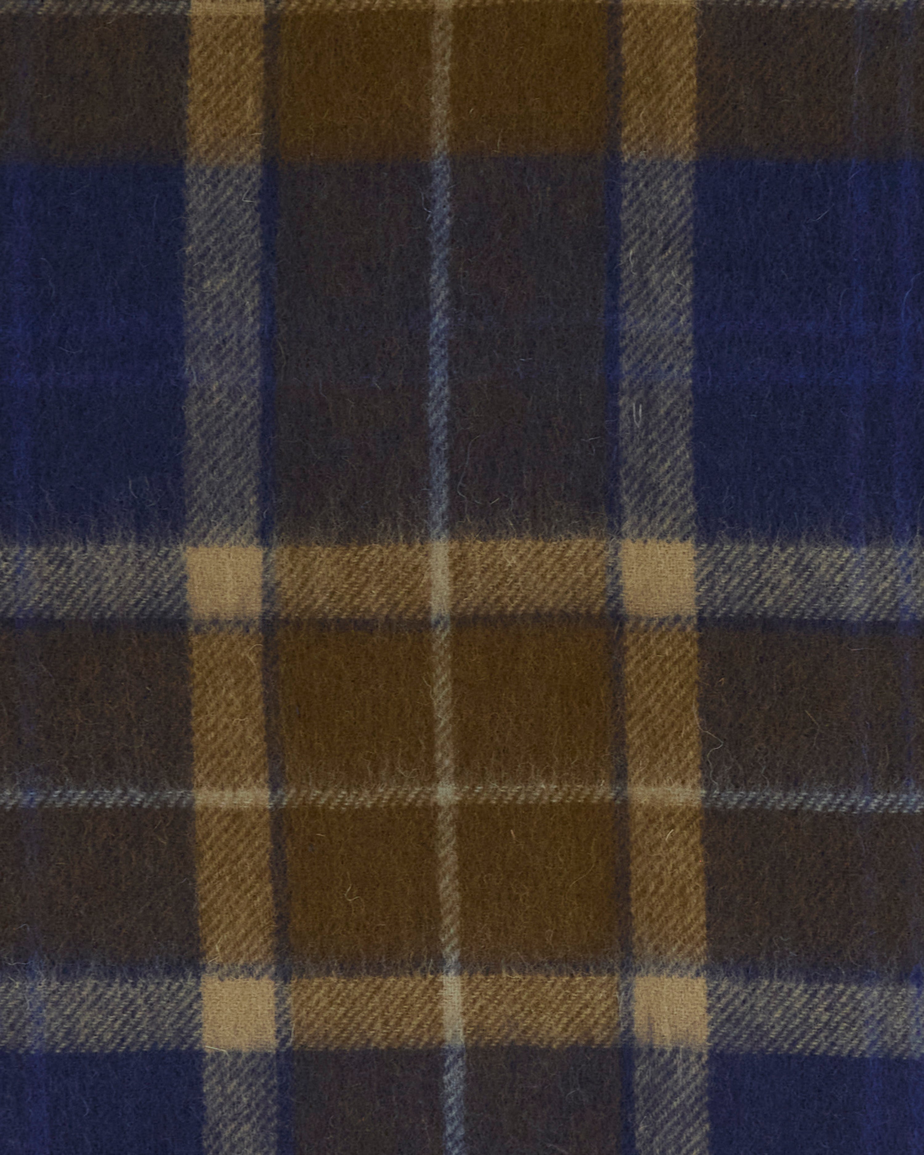 Patchwork Tartan Scarf in Navy and Sandstone – detail view