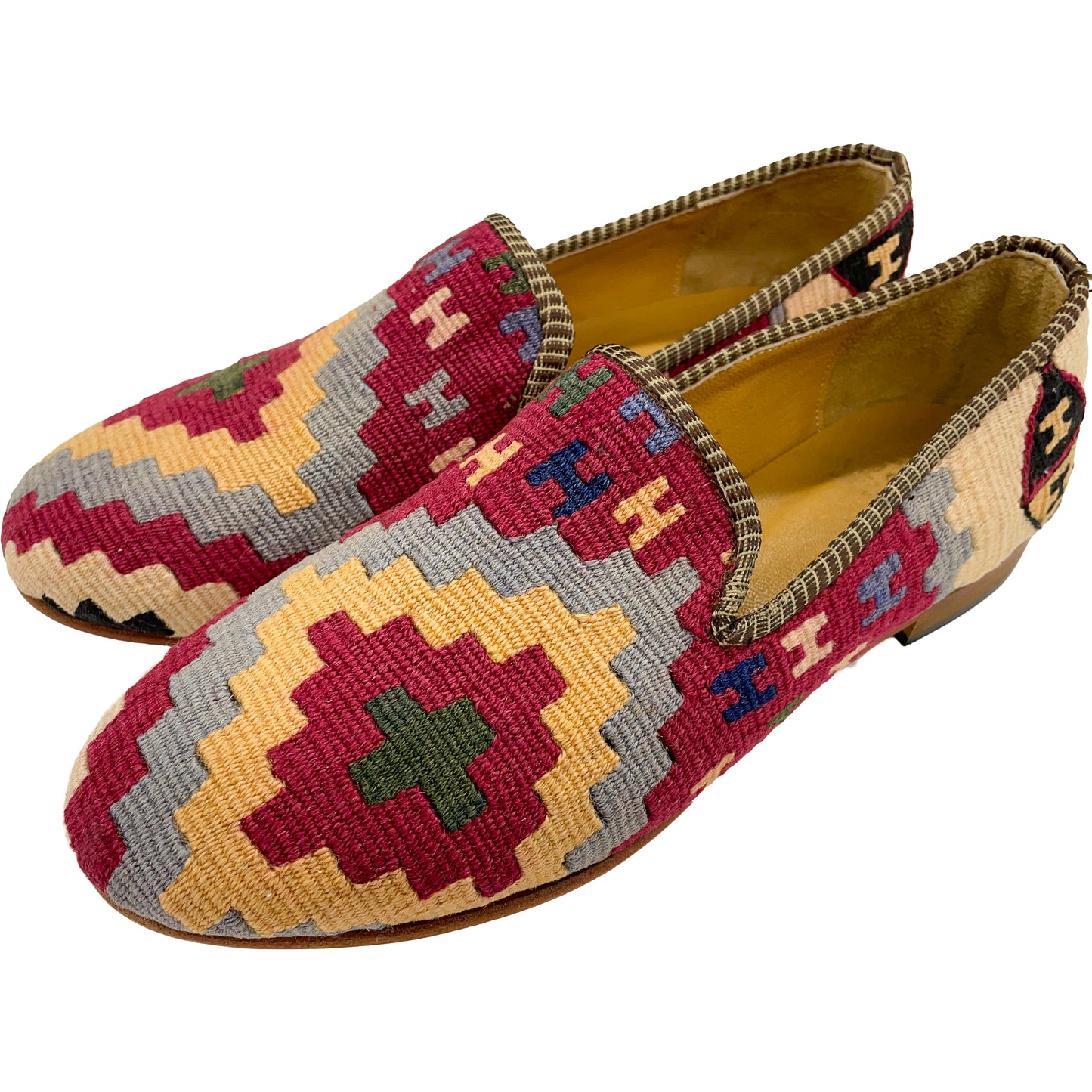 Wally Dug Co - Leather Sole Kilim Slippers - Colour: Maroon / Beige / Grey