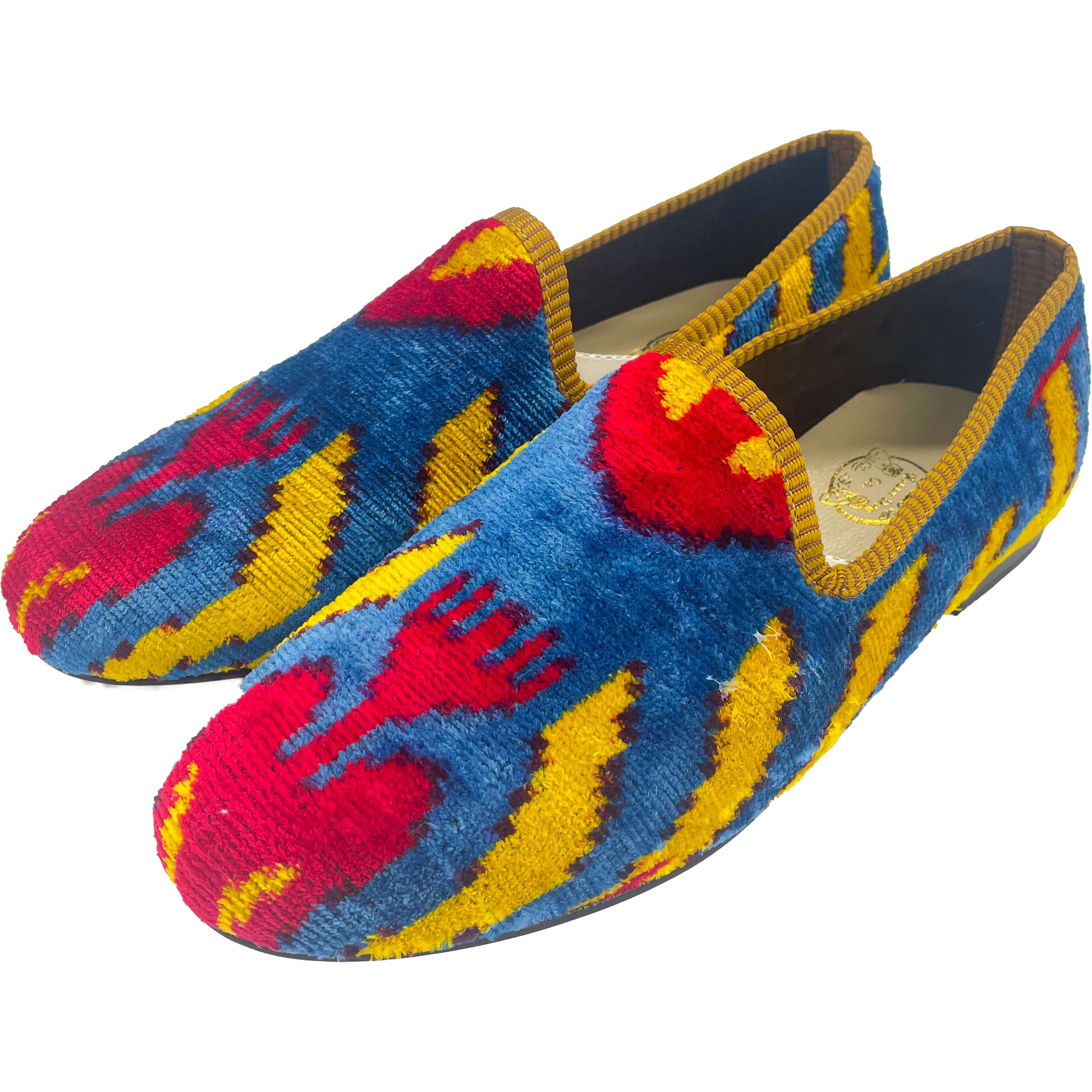 Wally Dug Co - Leather Sole Slippers - Colour: Blue / Gold / Red