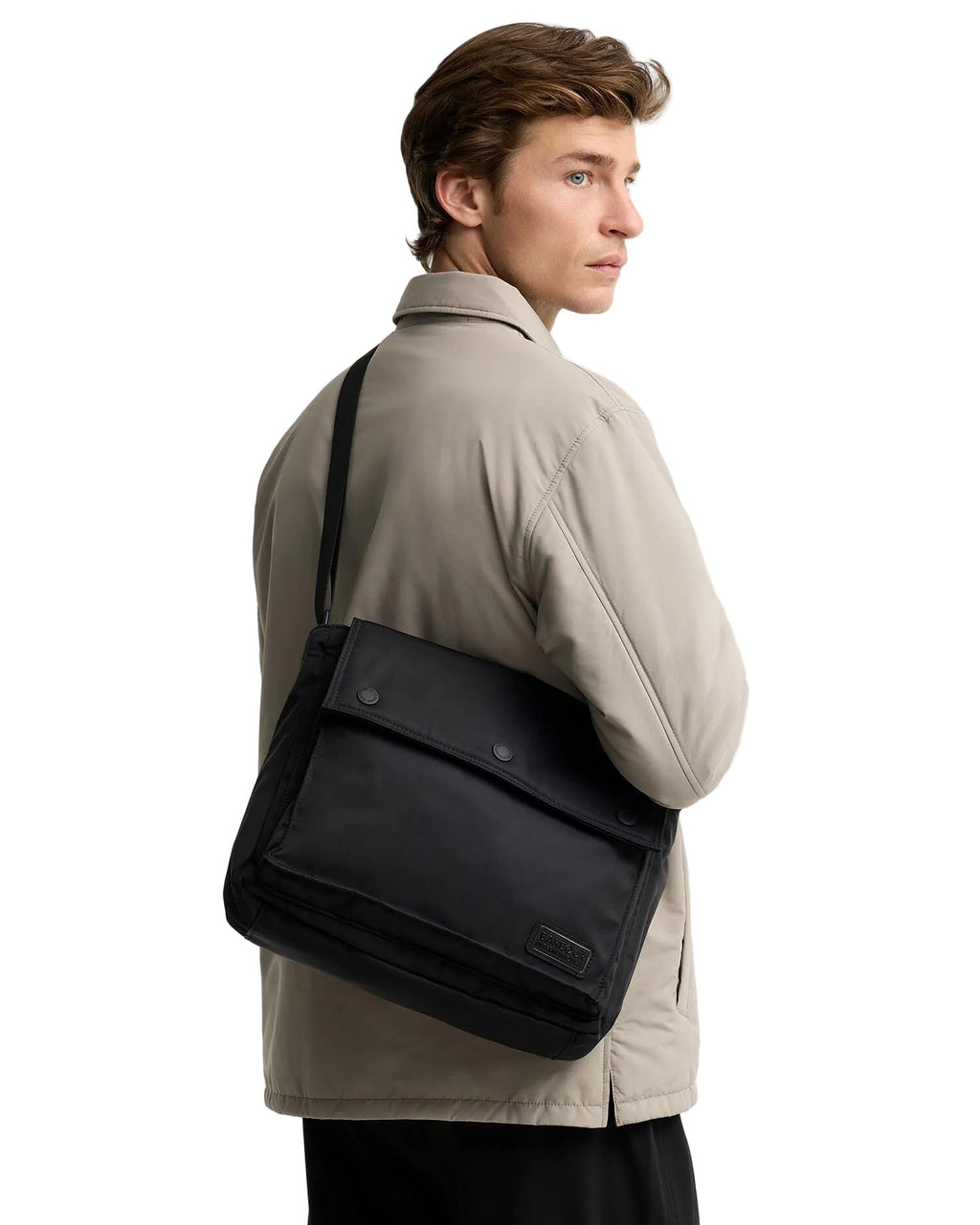 Barbour International Daleson Messenger Crossbody Bag in black - lifestyle view