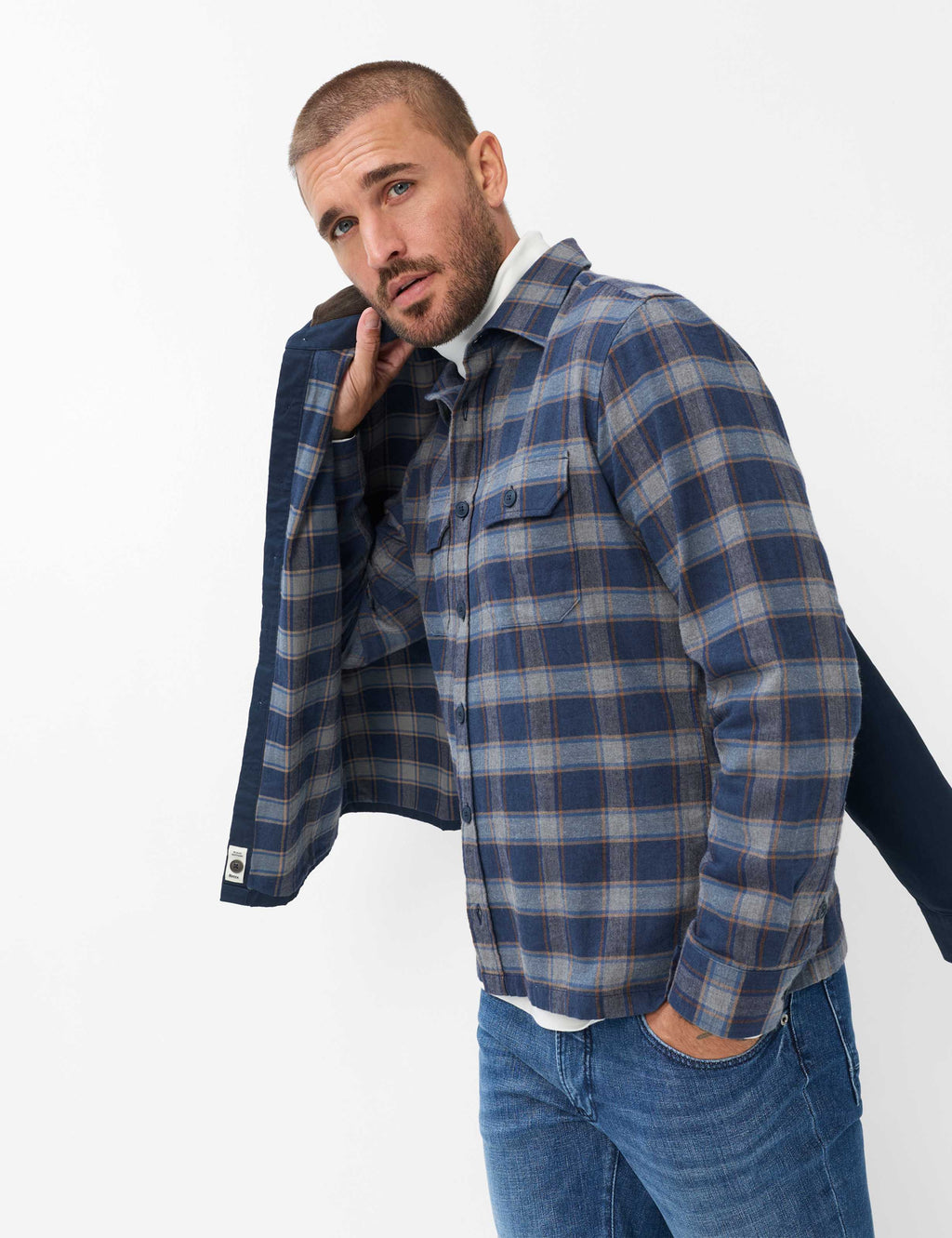 Brax Kay flannel overshirt in Navy - check detail