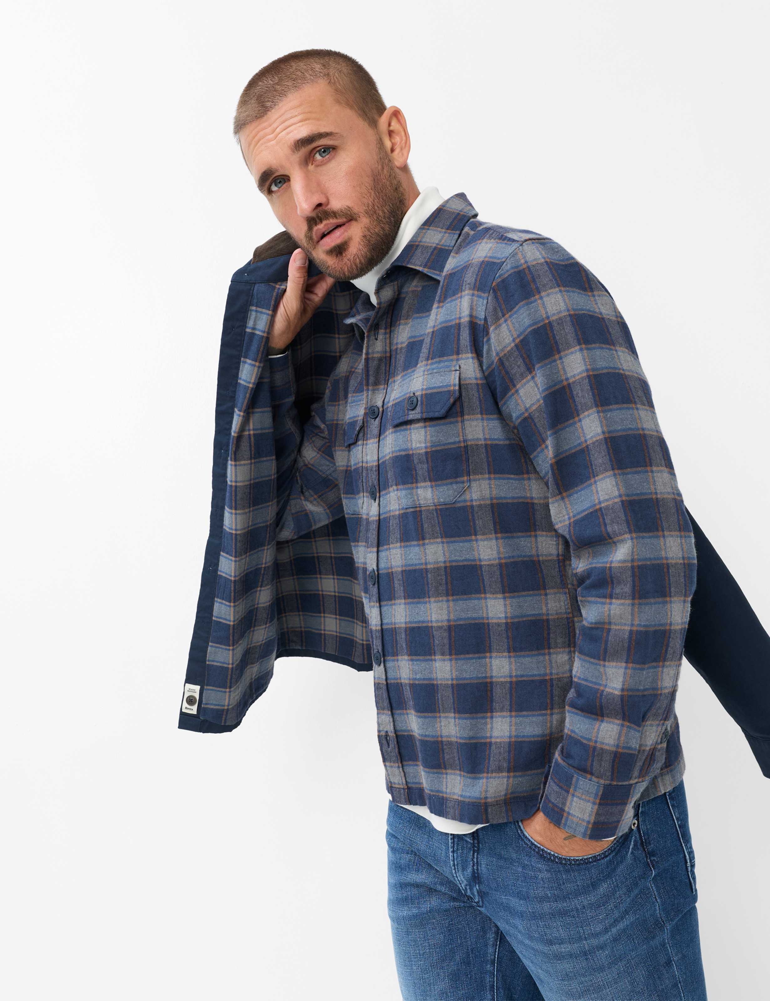 Brax Kay flannel overshirt in Navy - check detail